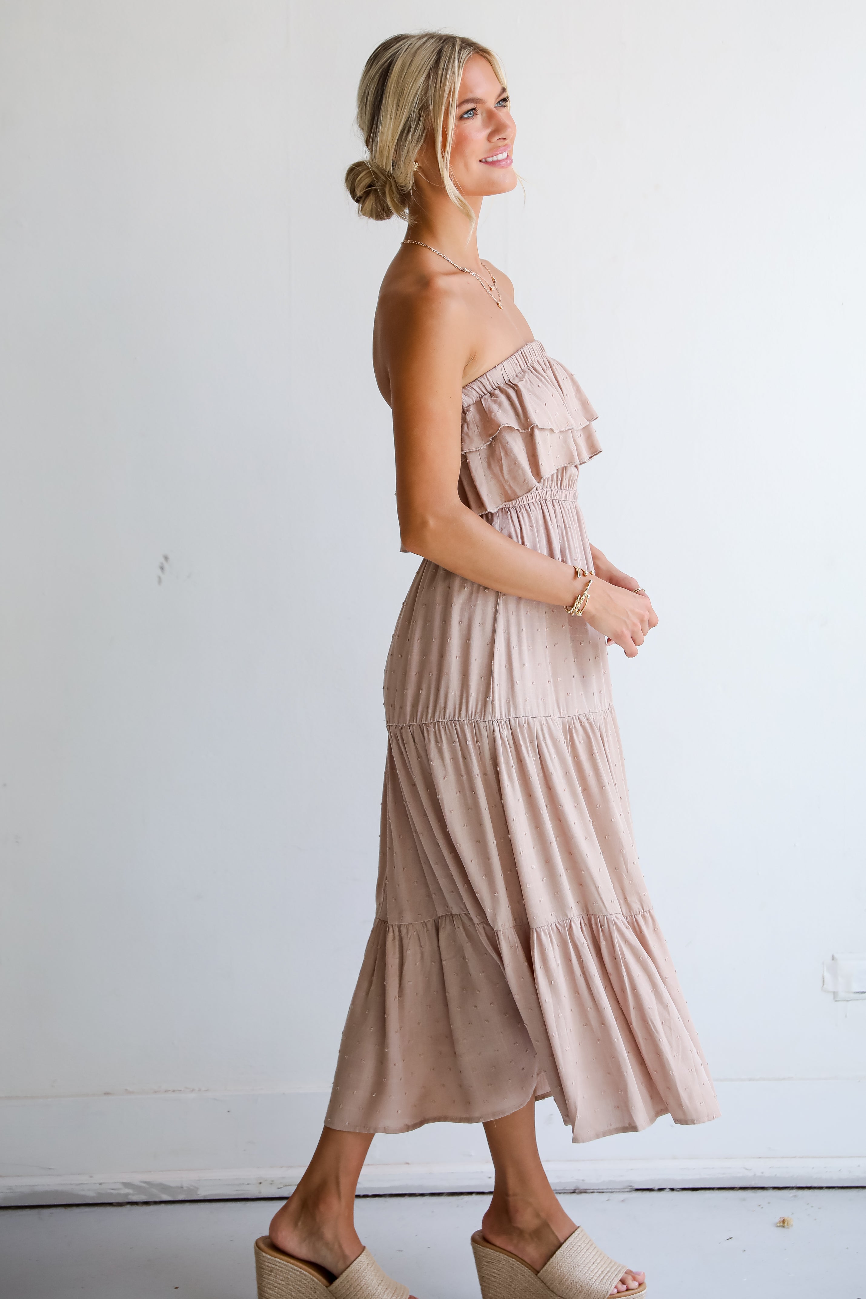 Taupe Tiered Strapless Midi Dress