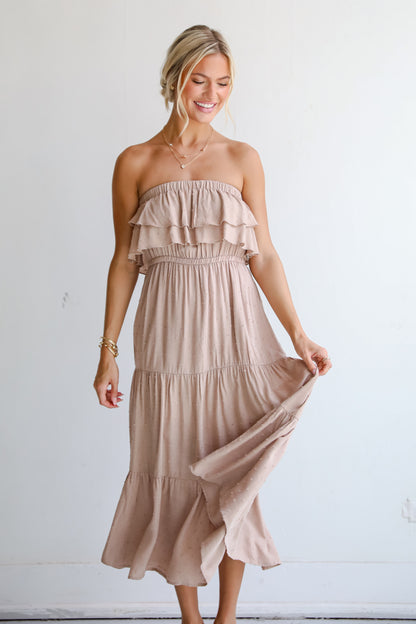 Taupe Tiered Strapless Midi Dress