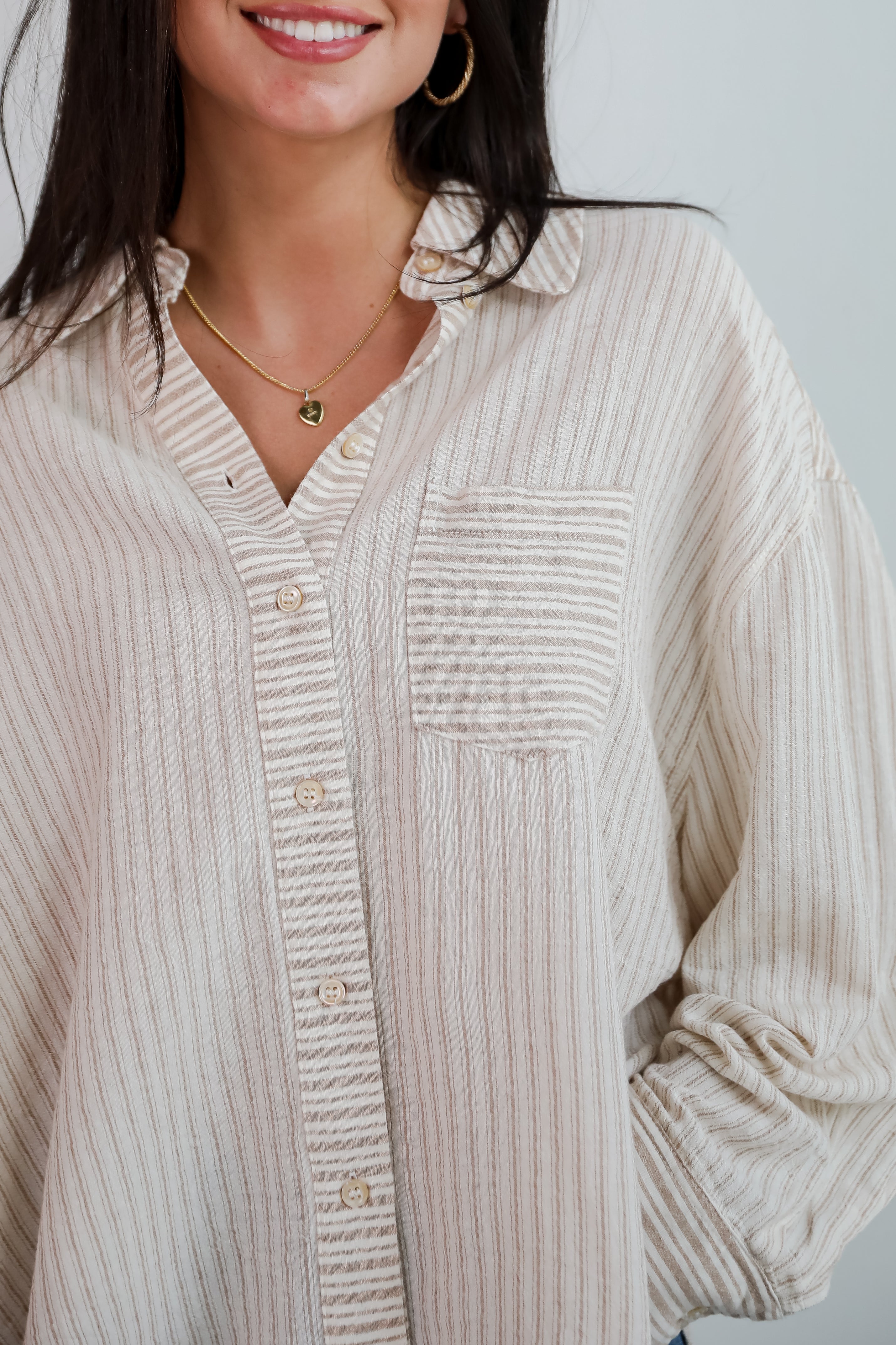 Adored Pose Taupe Striped Button-Up Blouse