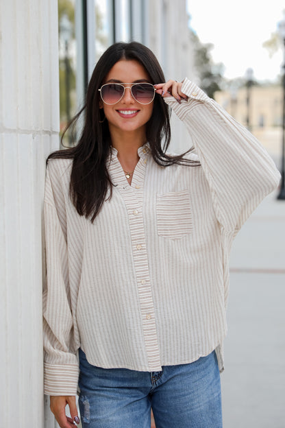 Adored Pose Taupe Striped Button-Up Blouse