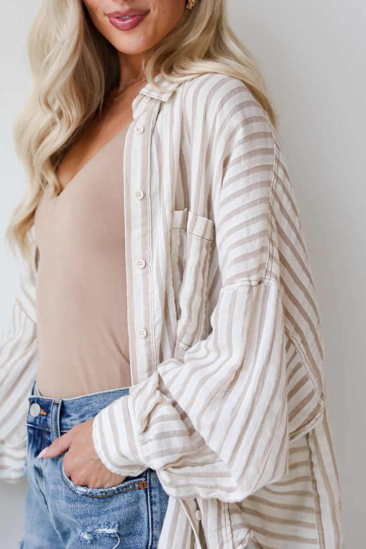 Tailored Poise Natural Striped Button-Up Blouse