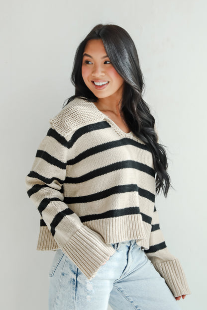 Coziest Cuddles Beige Striped Collared Sweater