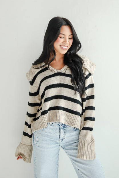 Coziest Cuddles Beige Striped Collared Sweater