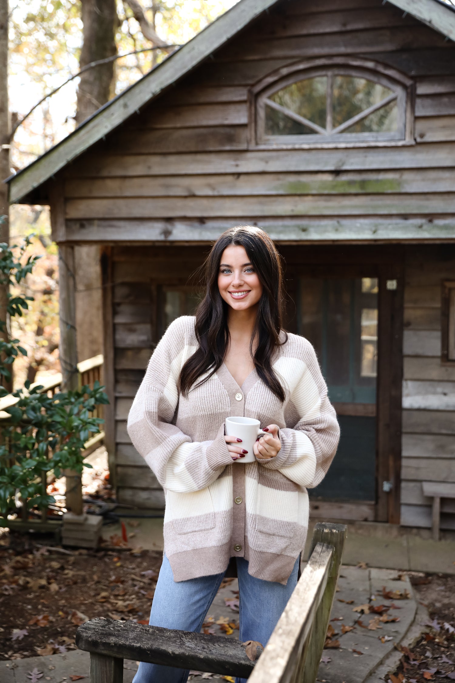 Curated Season Taupe Striped Sweater Cardigan