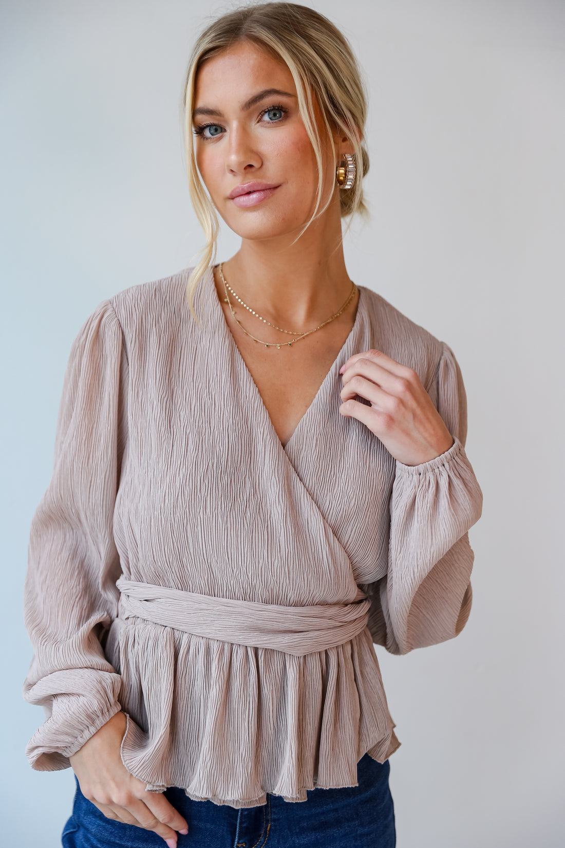 Taupe Textured Surplice Blouse