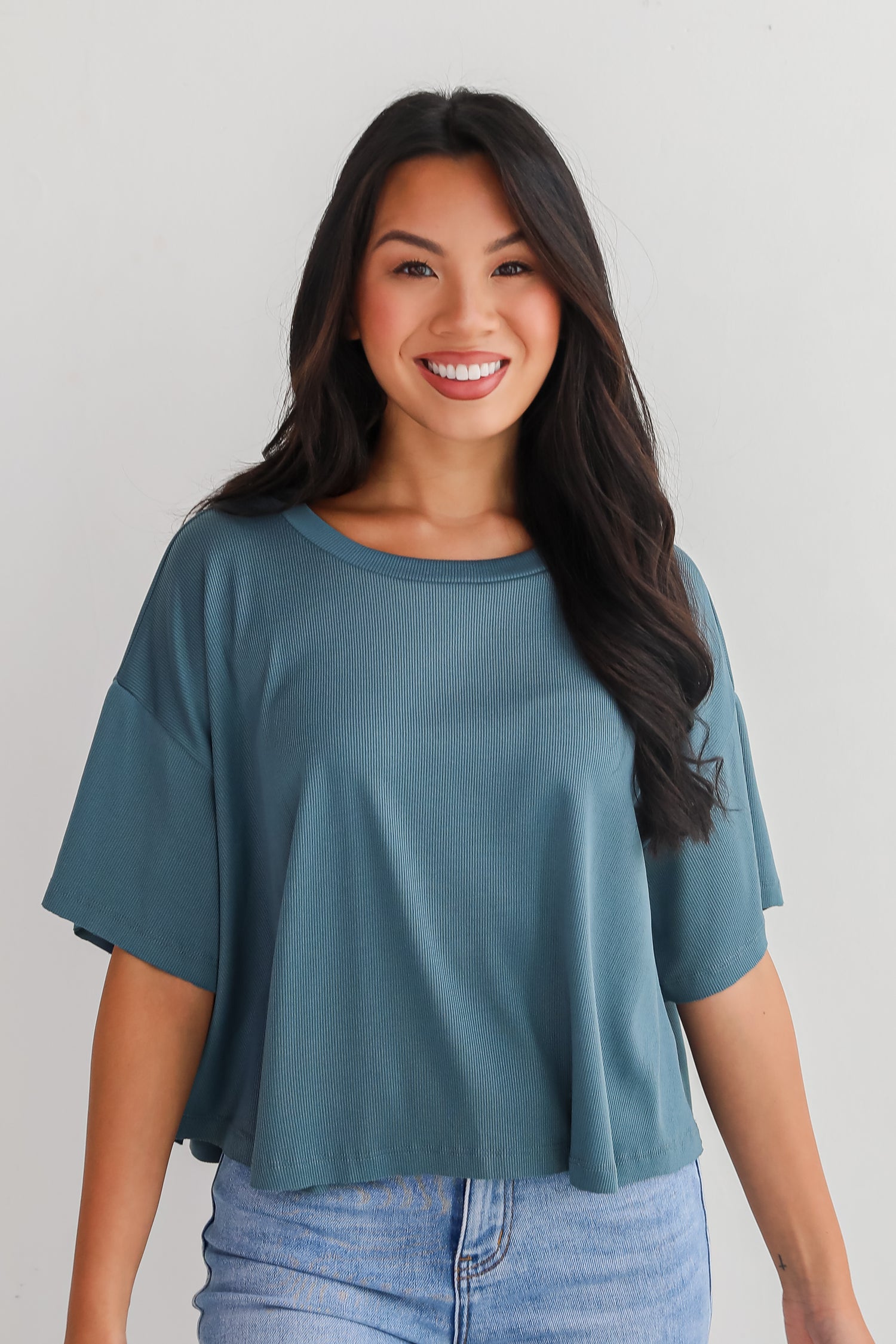 Catherine Teal Ribbed Knit Tee