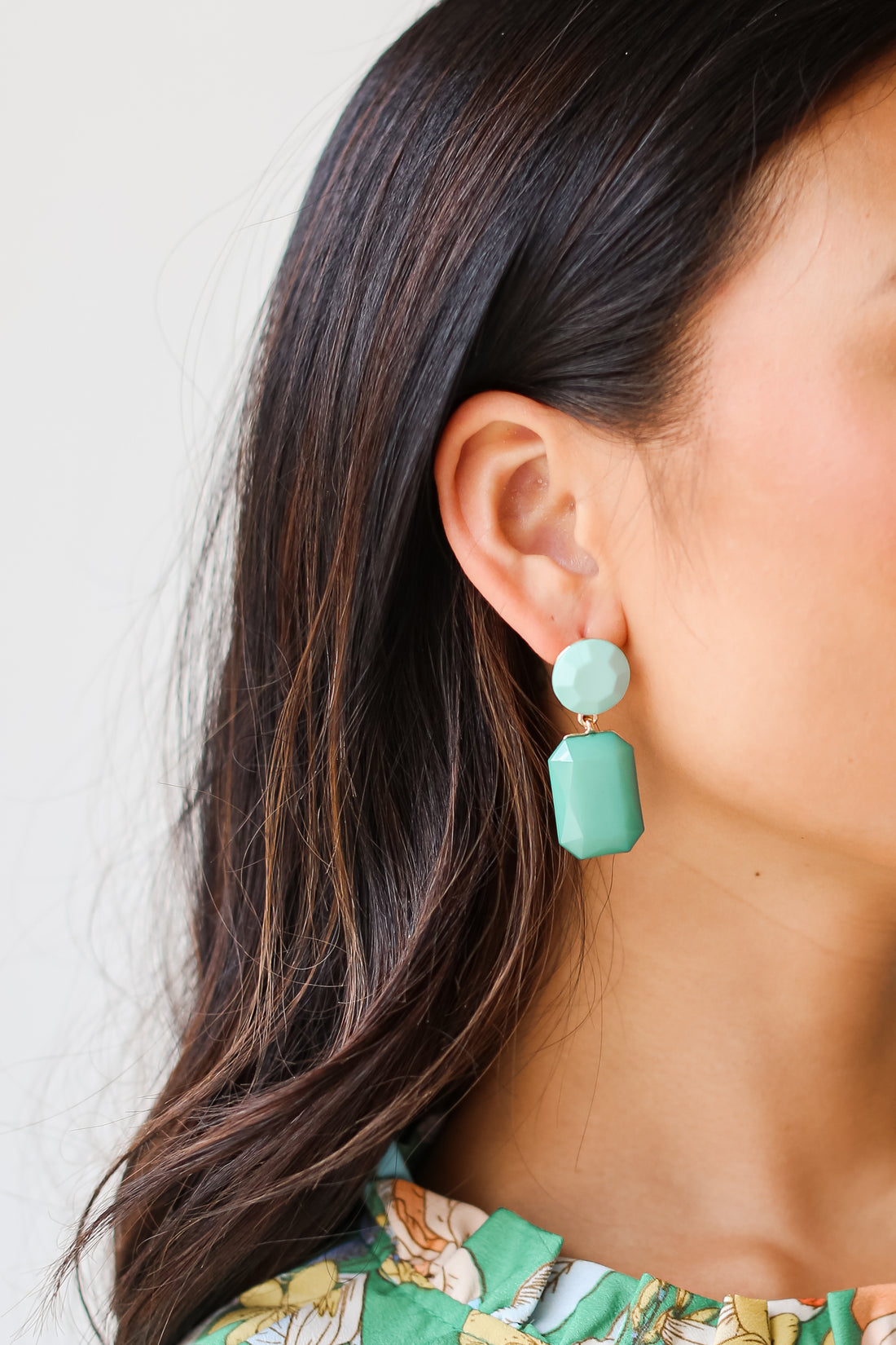 teal Gemstone Drop Earrings on model