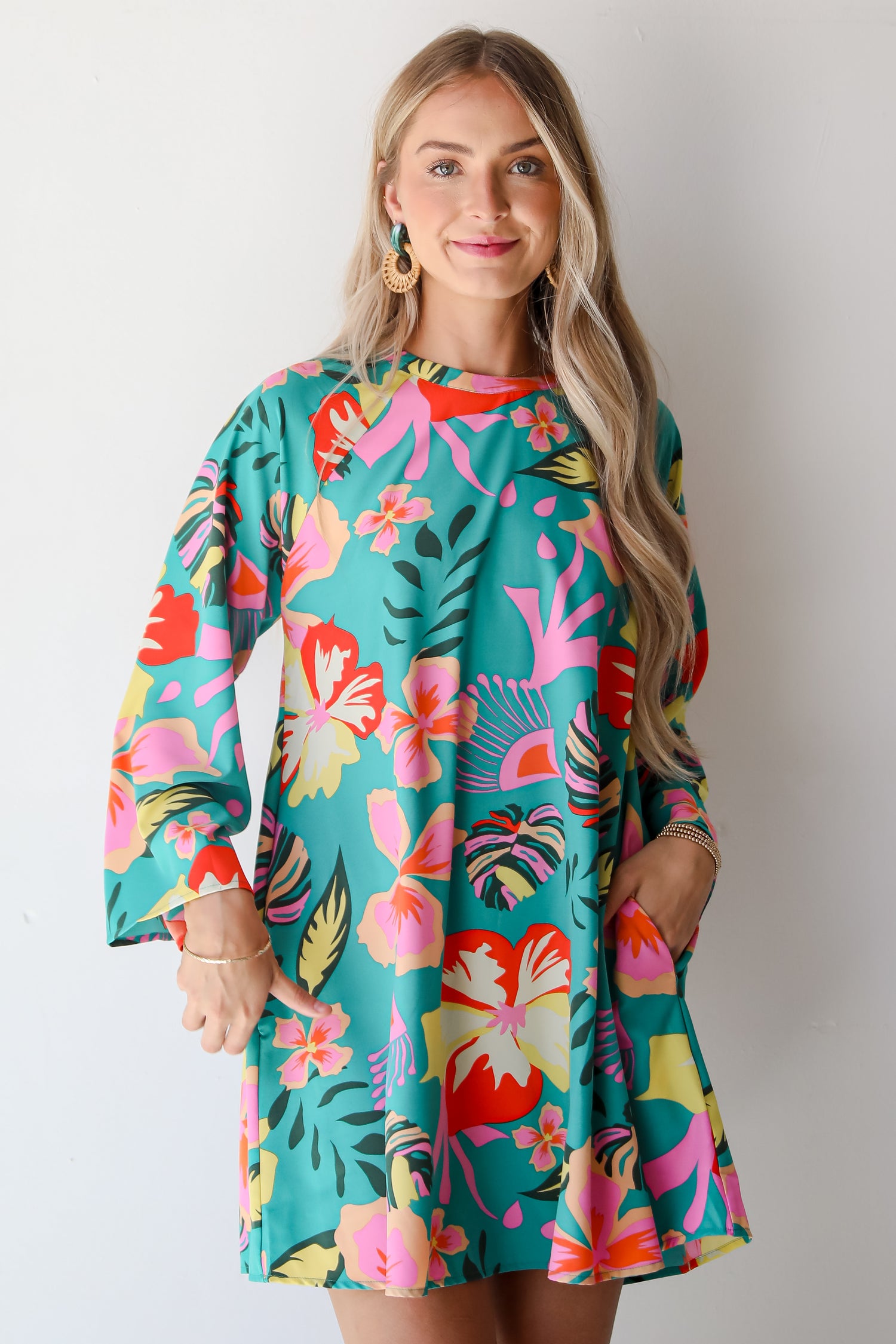 Island Ease Teal Tropical Mini Dress