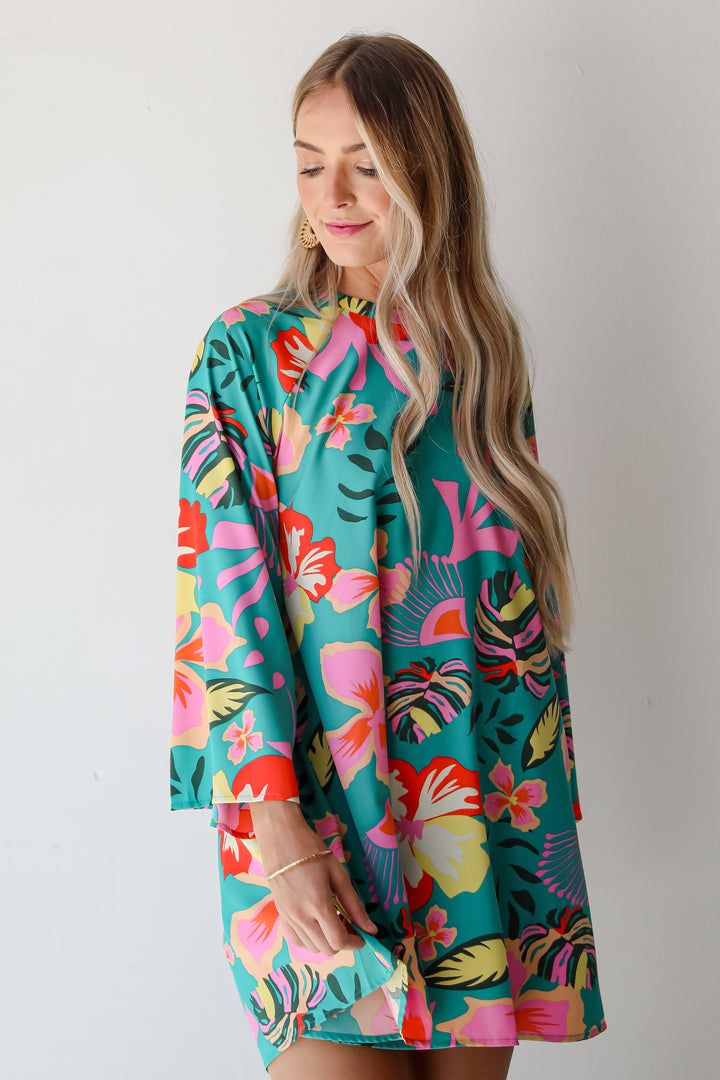 Island Ease Teal Tropical Mini Dress