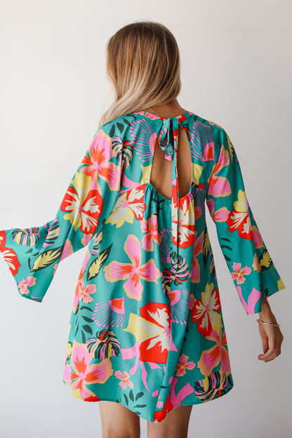 Island Ease Teal Tropical Mini Dress