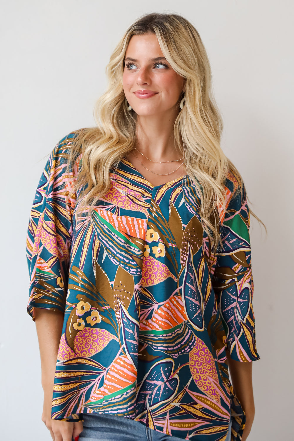 Incredible Allure Teal Leaf Print Oversized Blouse