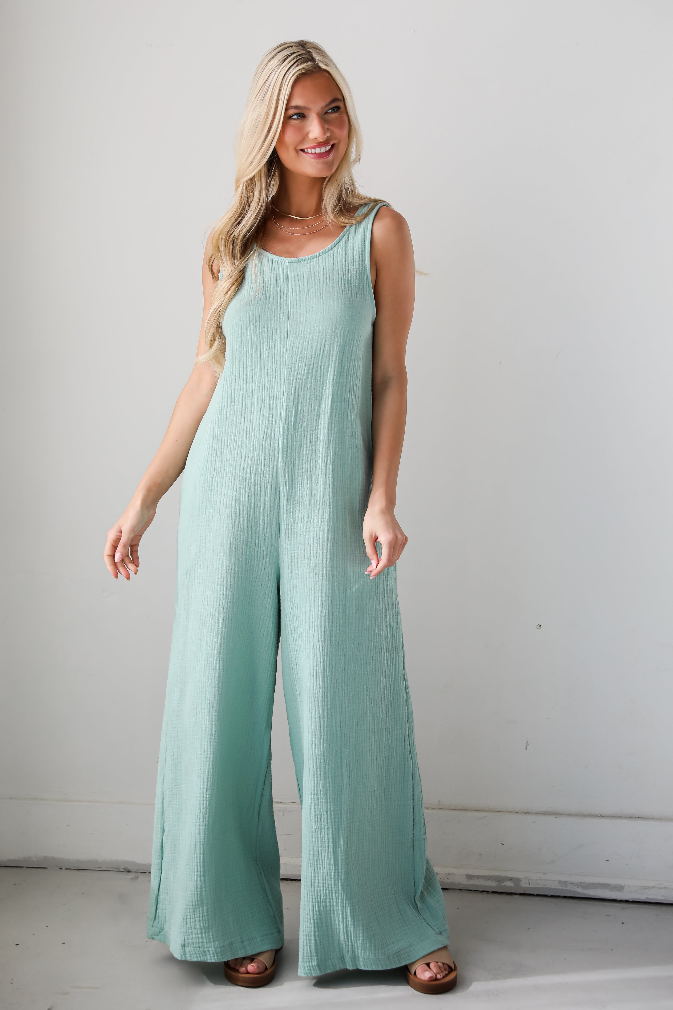 boho Mint Linen Jumpsuit