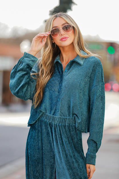 Teal Velvet Plisse Blouse