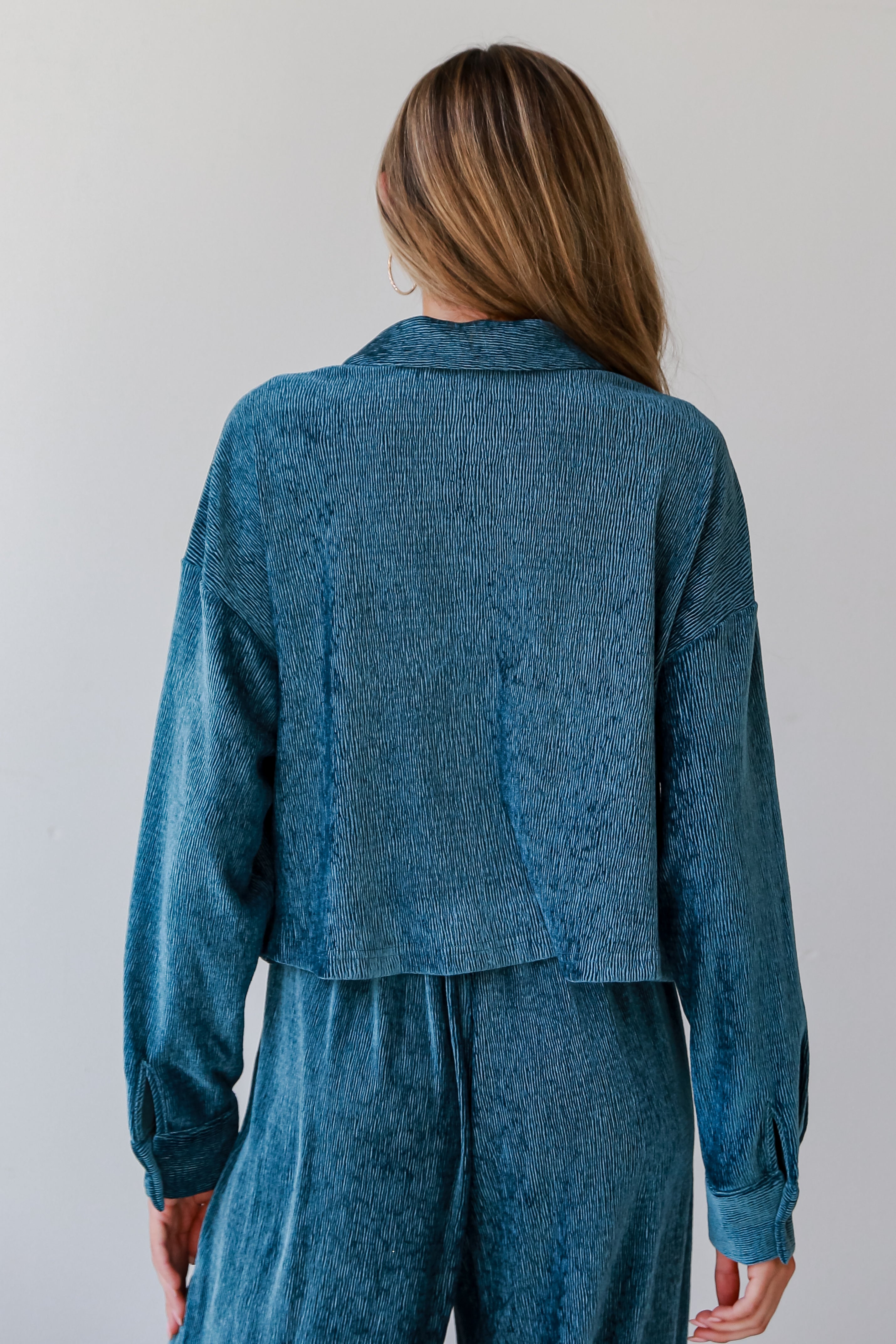 Teal Velvet Plisse Blouse back view