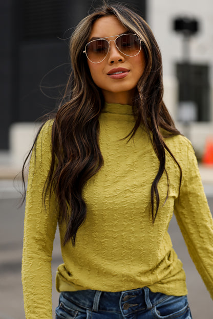 green Textured Mock Neck Top