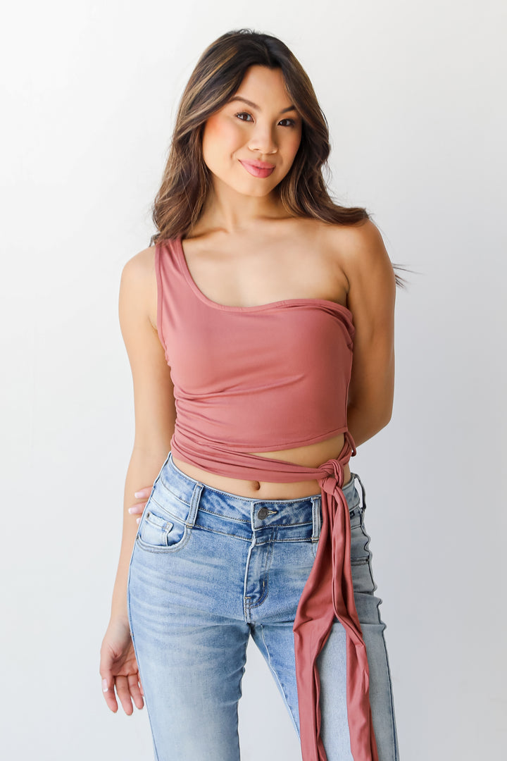 marsala One-Shoulder Crop Top on model