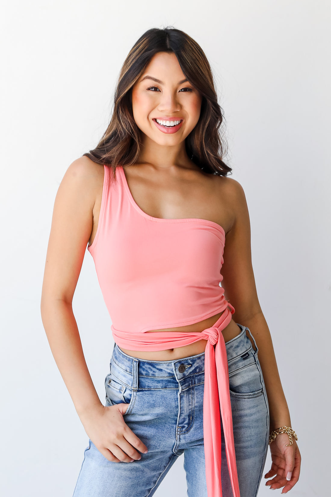 pink One-Shoulder Crop Top on model