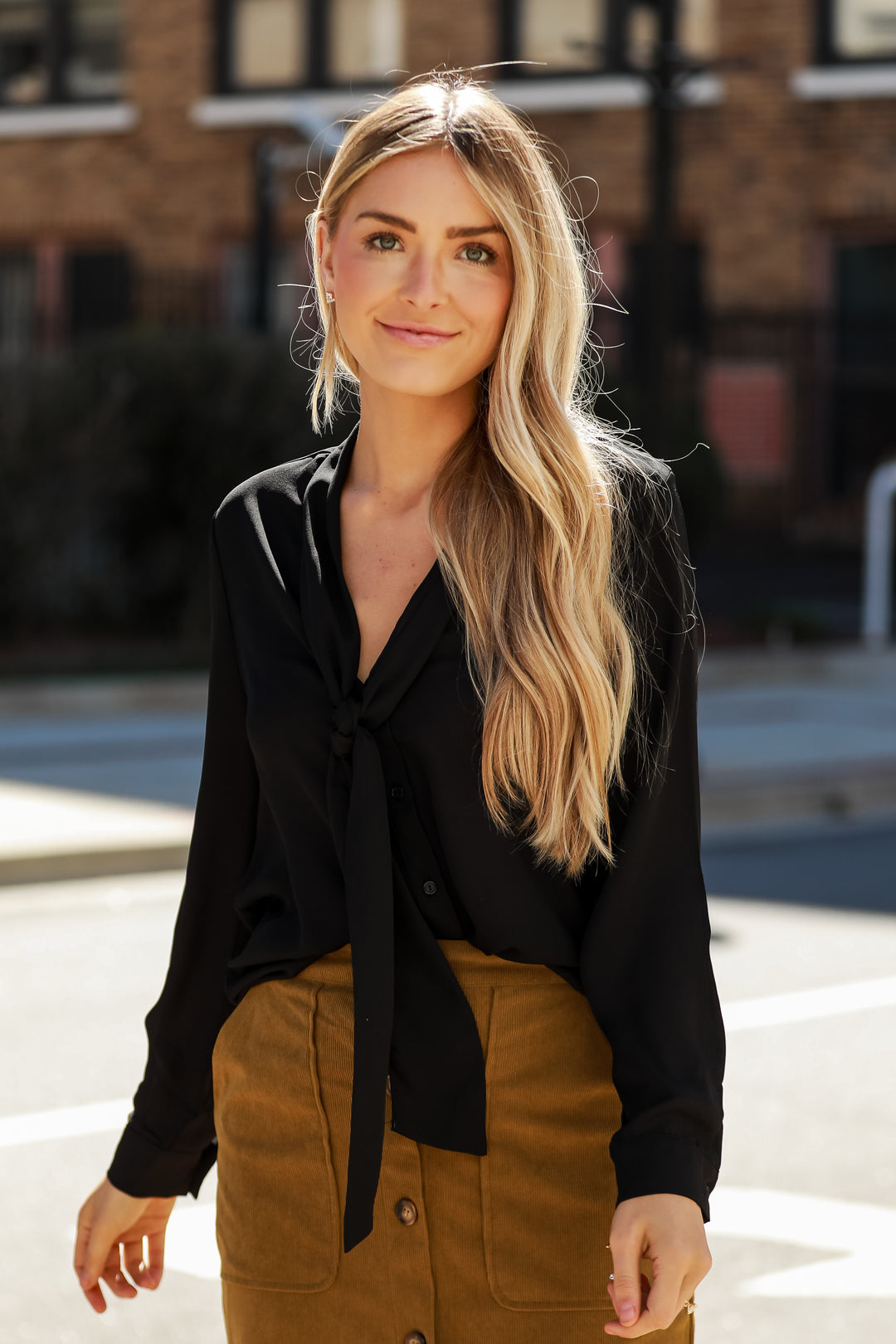 classic black Tie-Front Button-Up Blouse