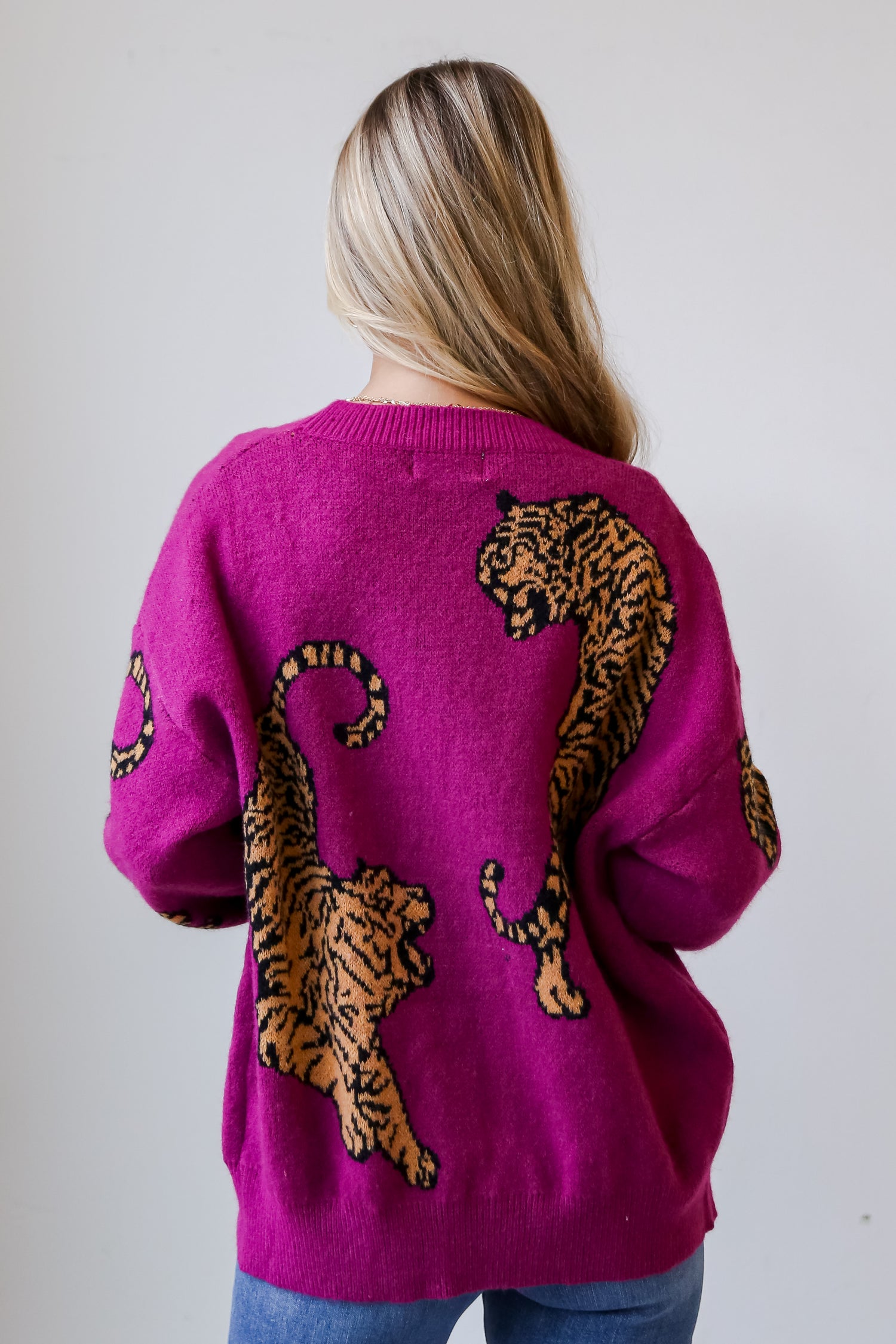 Magenta Tiger Oversized Sweater Cardigan on dress up model