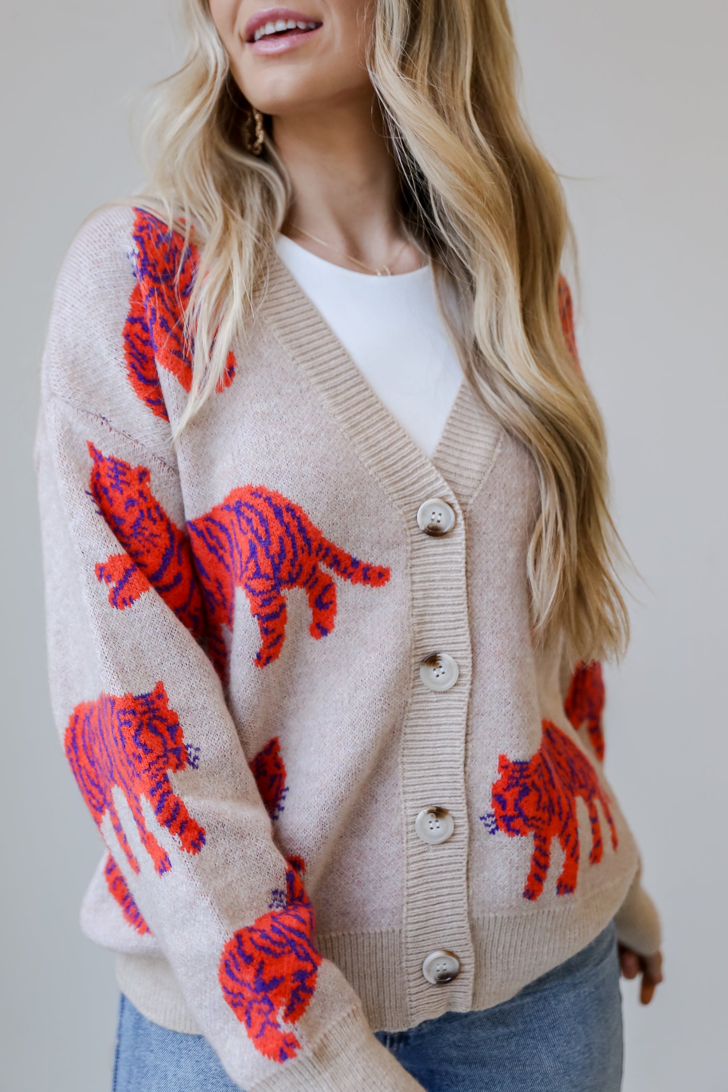 Oatmeal Tiger Oversized Sweater Cardigan front view