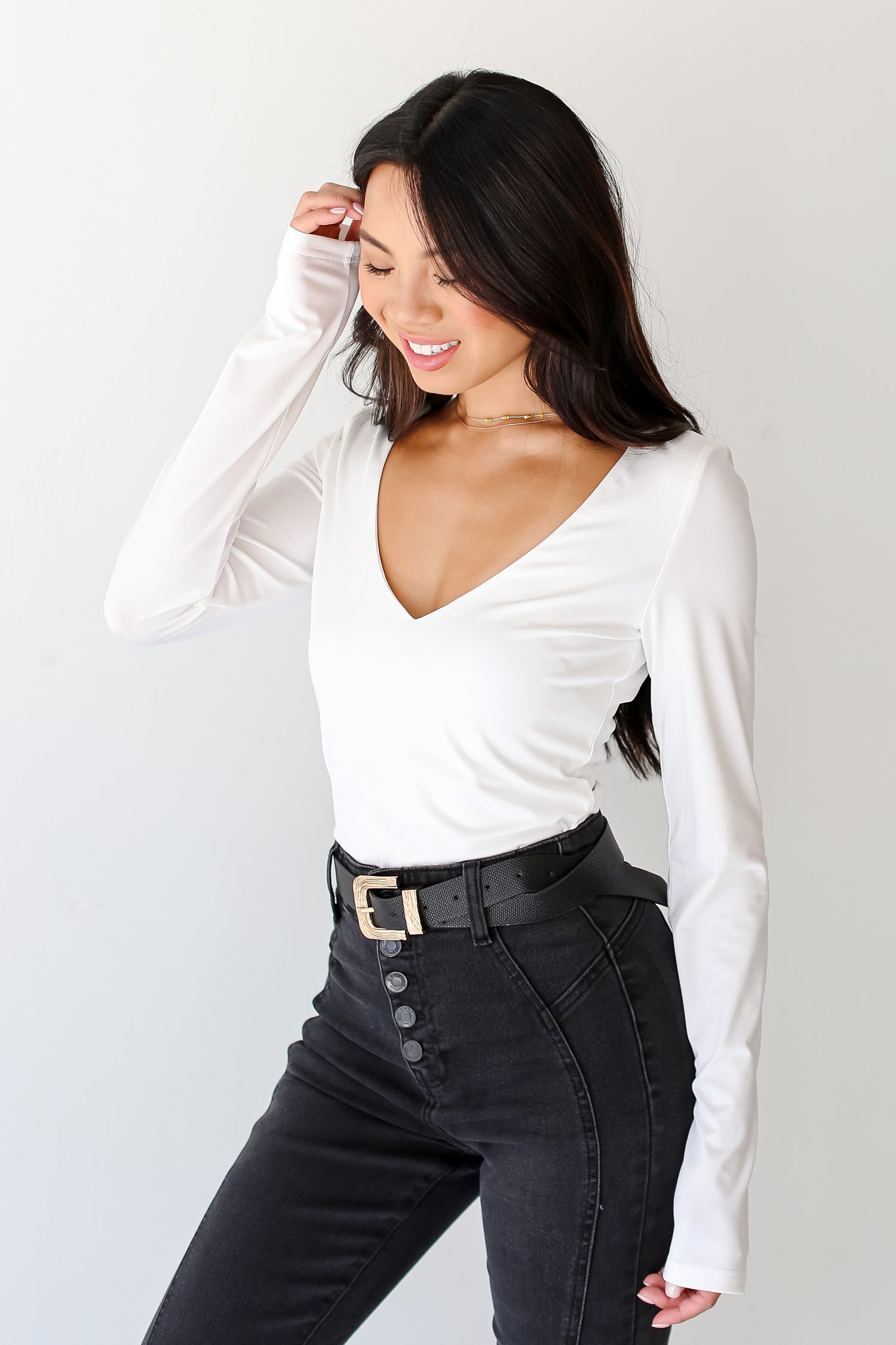 white V-Neck Long Sleeve Bodysuit side view