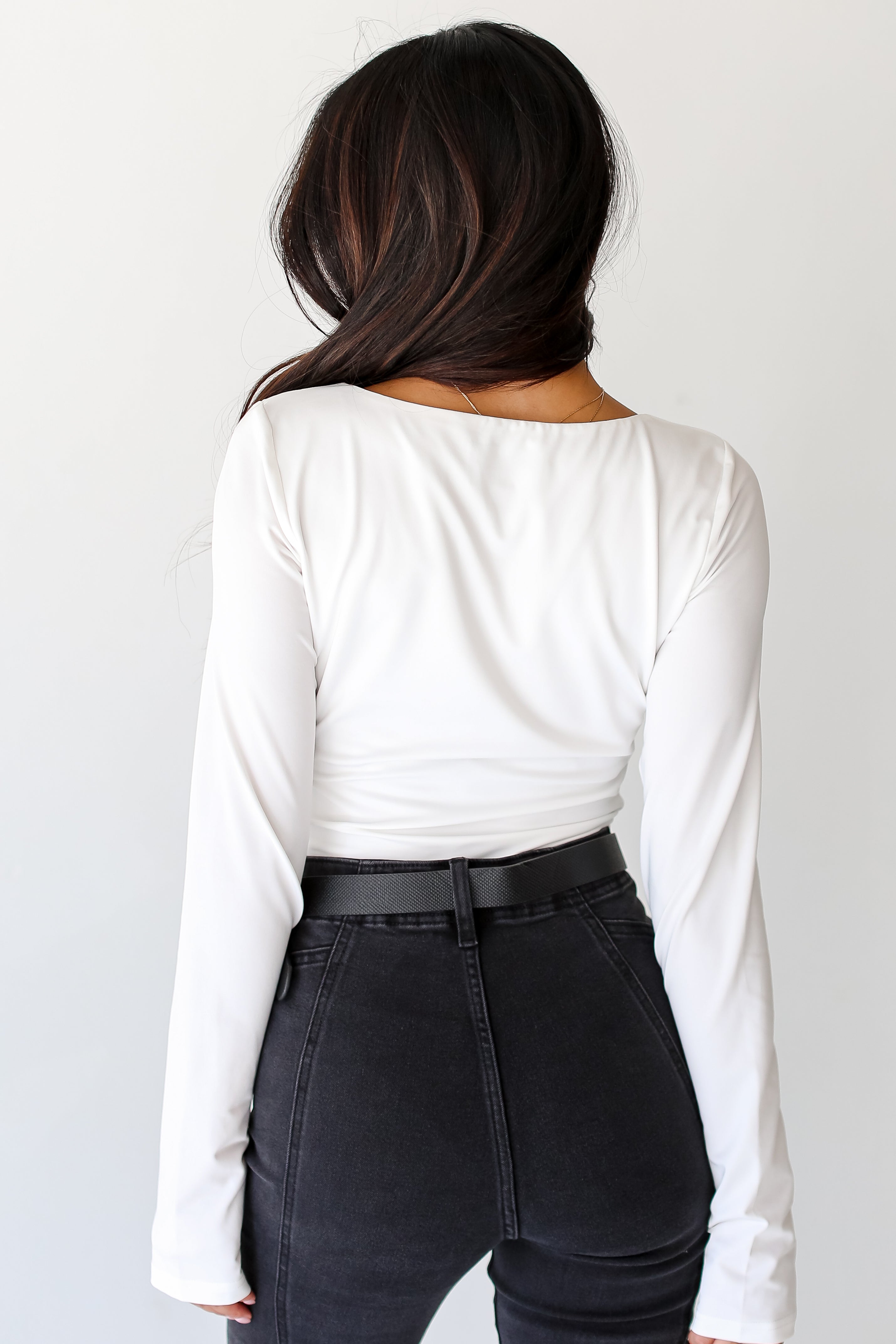 white V-Neck Long Sleeve Bodysuit back view