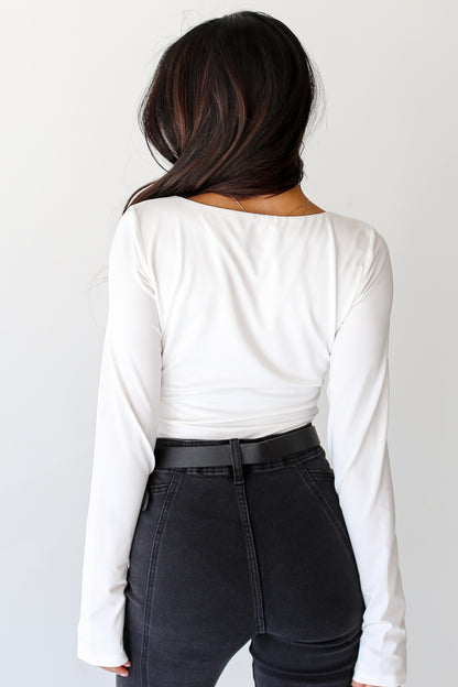 white V-Neck Long Sleeve Bodysuit back view