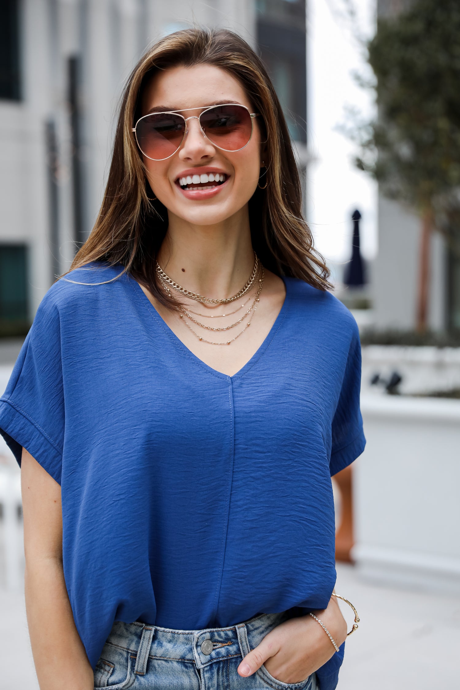 navy v neck Oversized Blouse