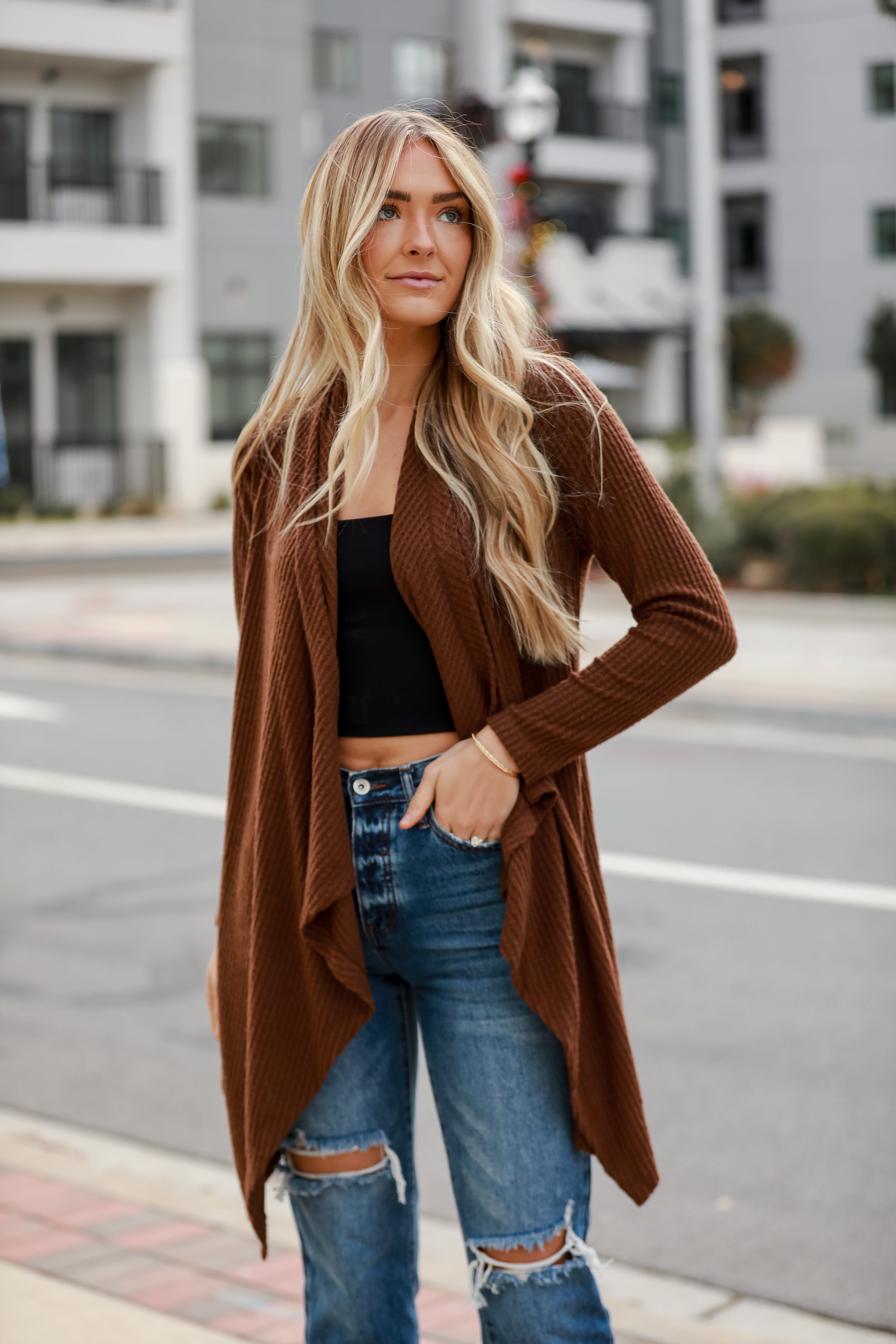 brown Brushed Waffle Knit Cardigan