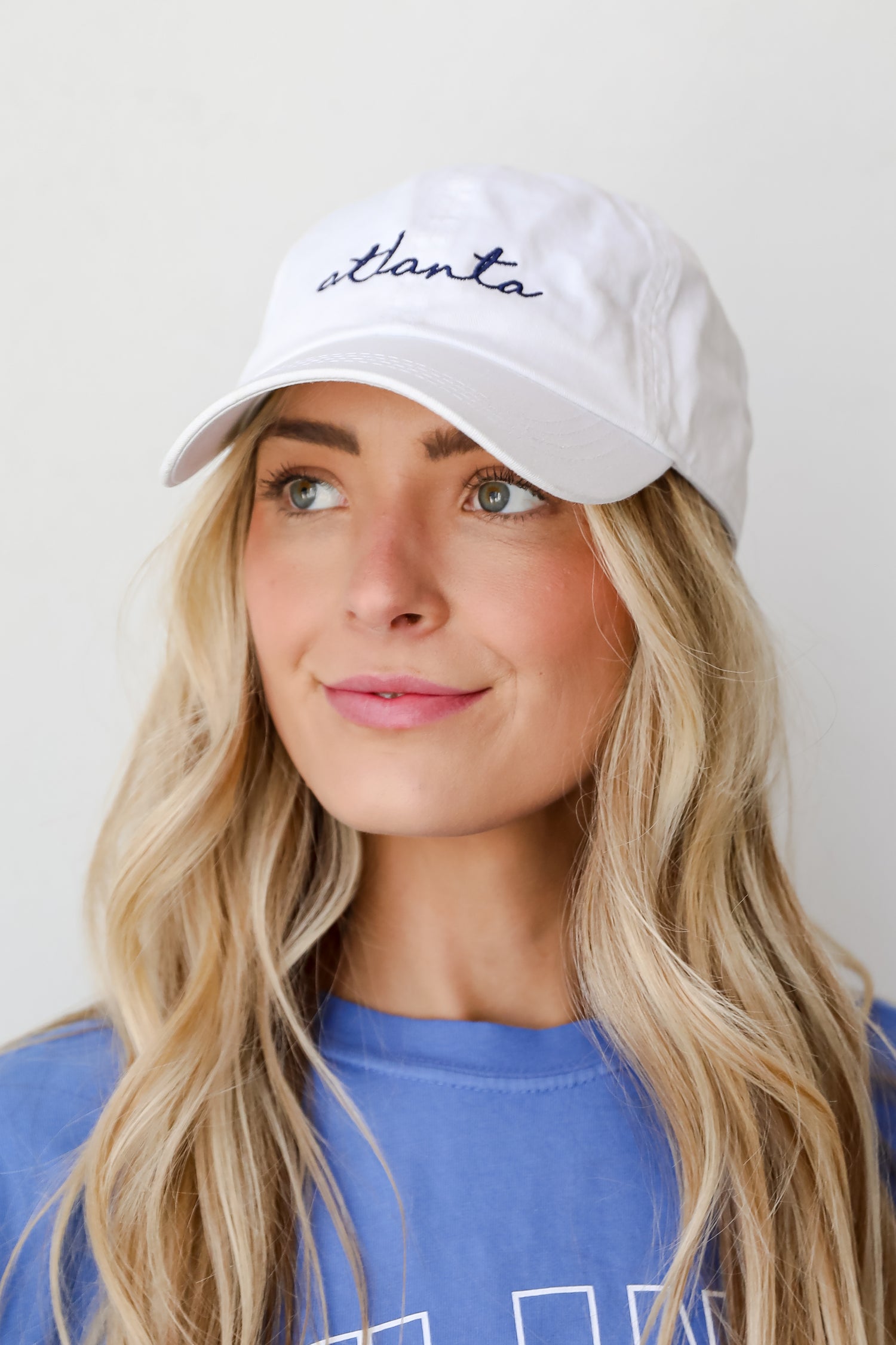 white Atlanta Script Embroidered Hat