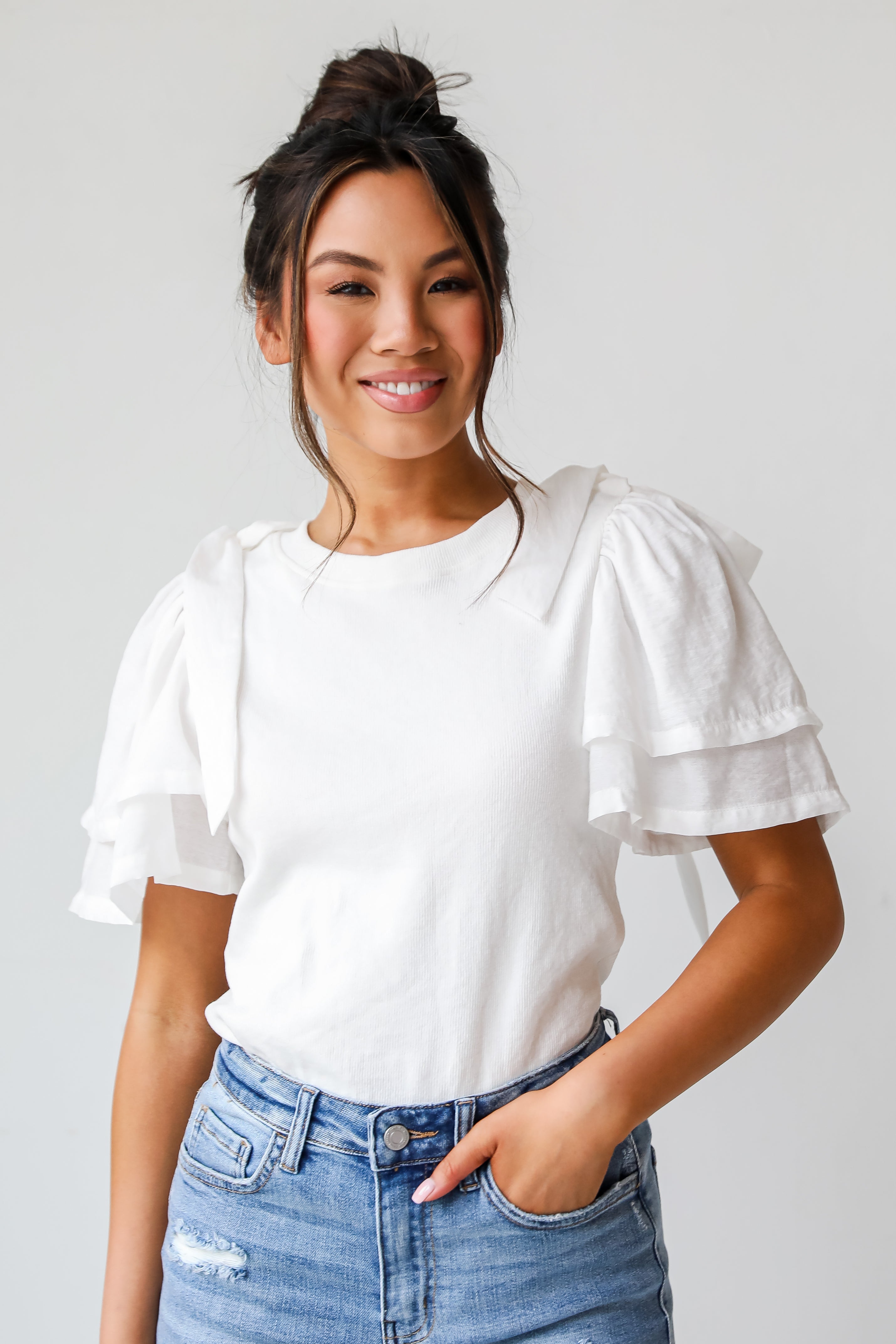 Amazingly Sweet White Bow Sleeve Top