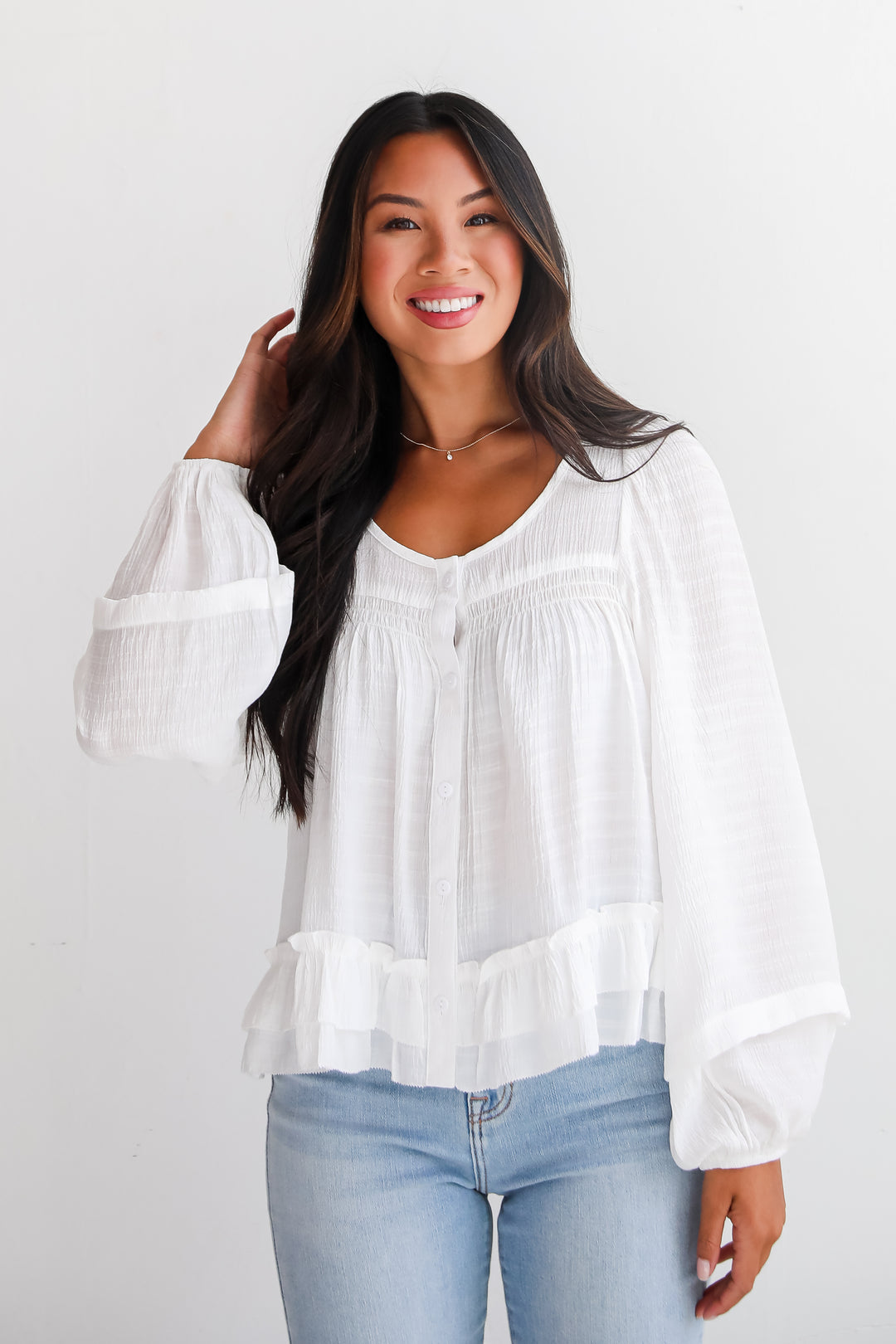 Composed Personality White Ruffle Blouse