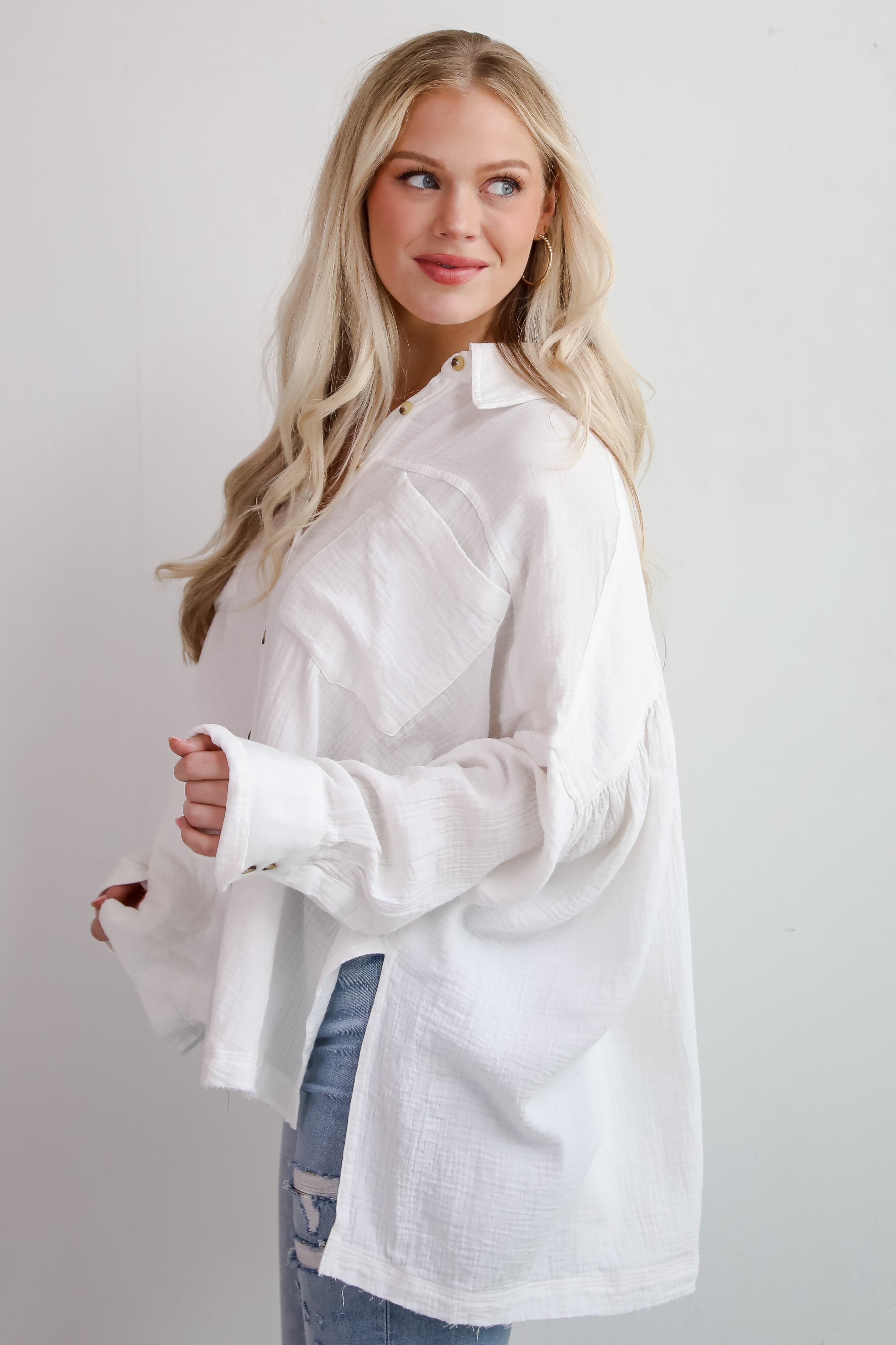 Adorable Attention White Linen Button-Up Blouse