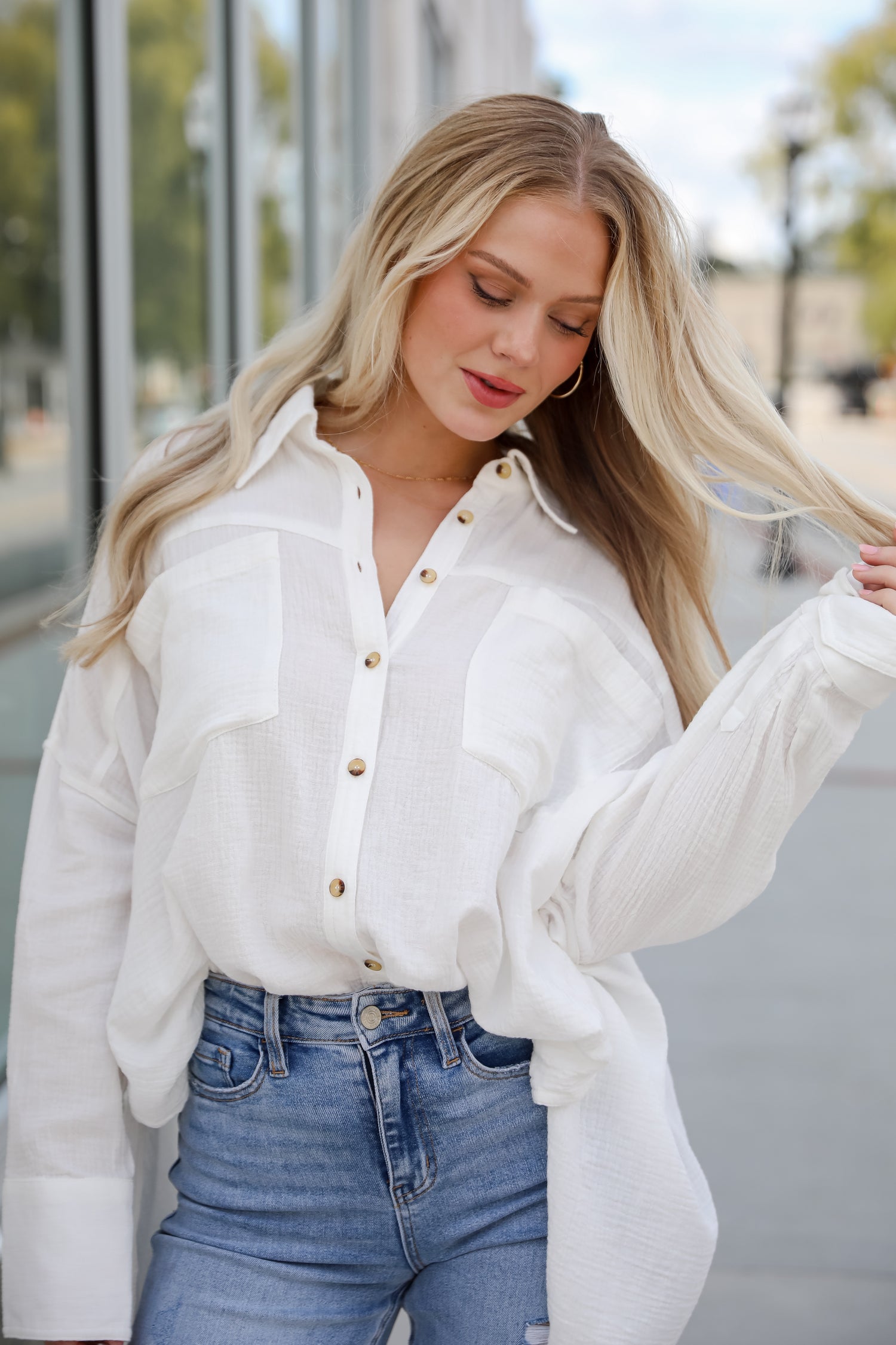 Adorable Attention White Linen Button-Up Blouse