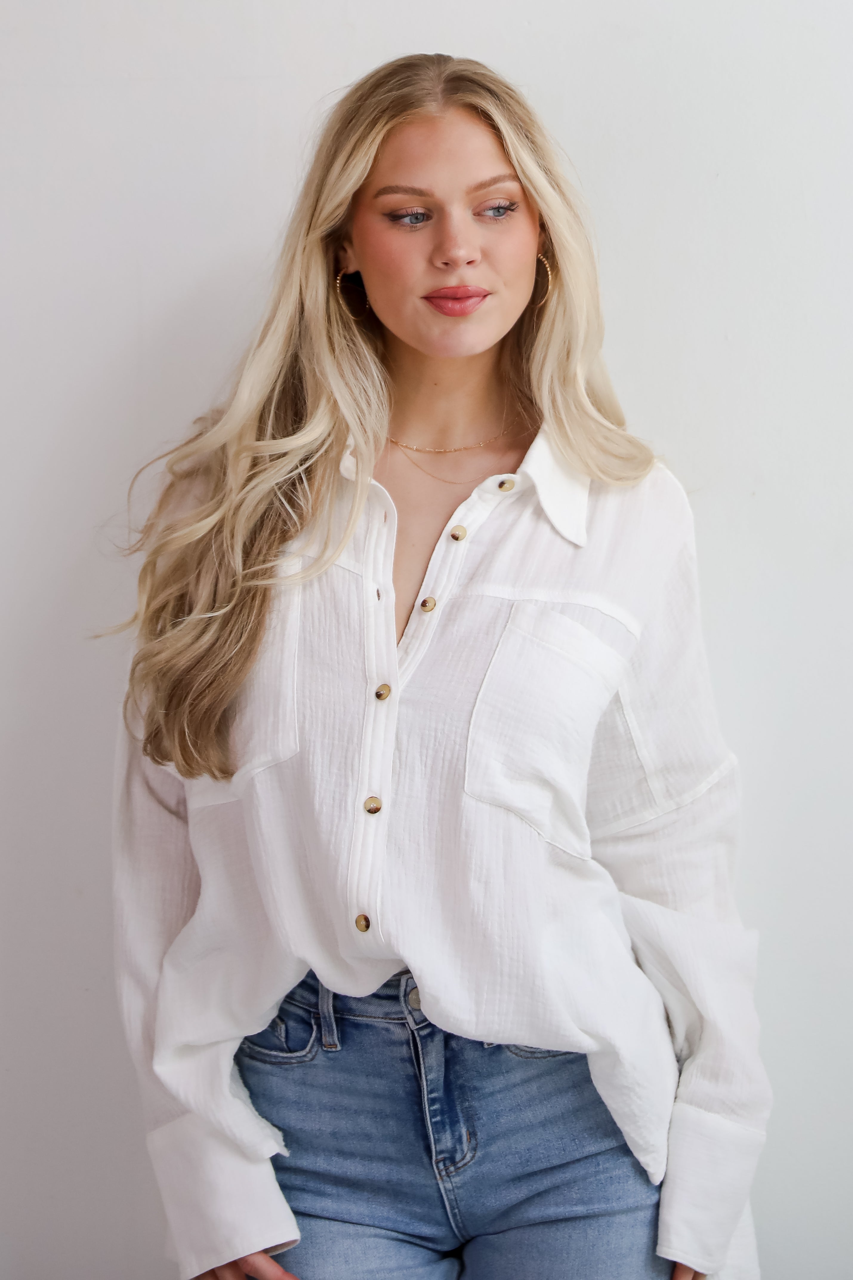 Adorable Attention White Linen Button-Up Blouse