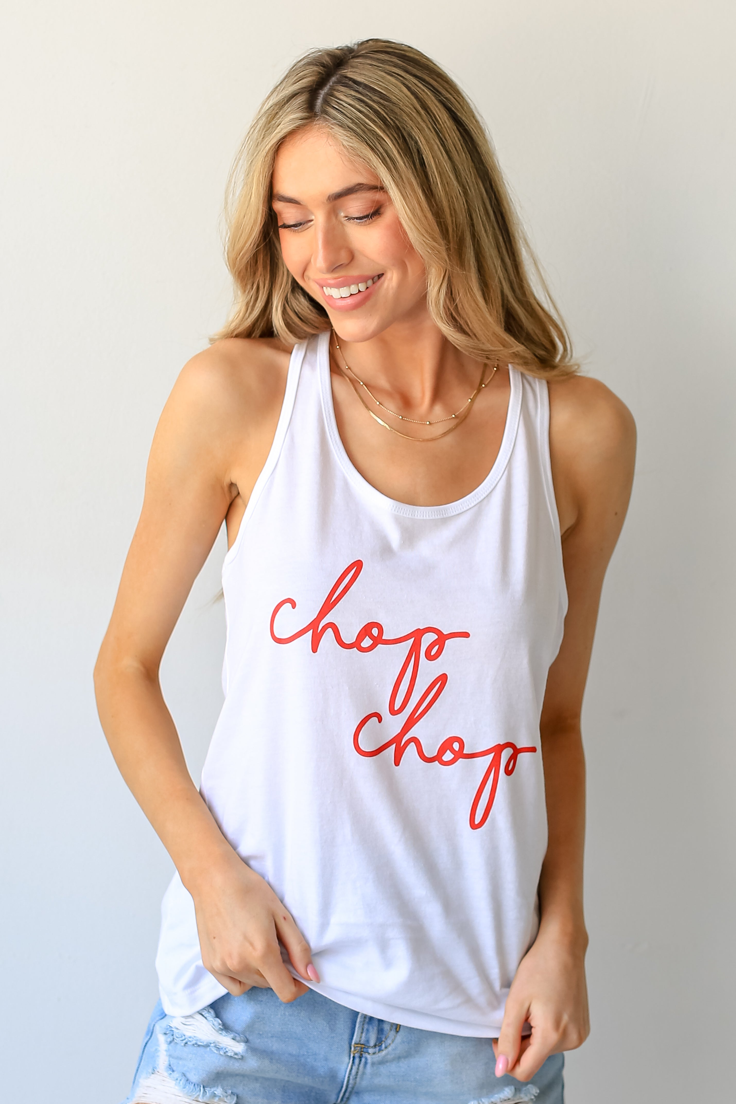 White Chop Chop Tank on model