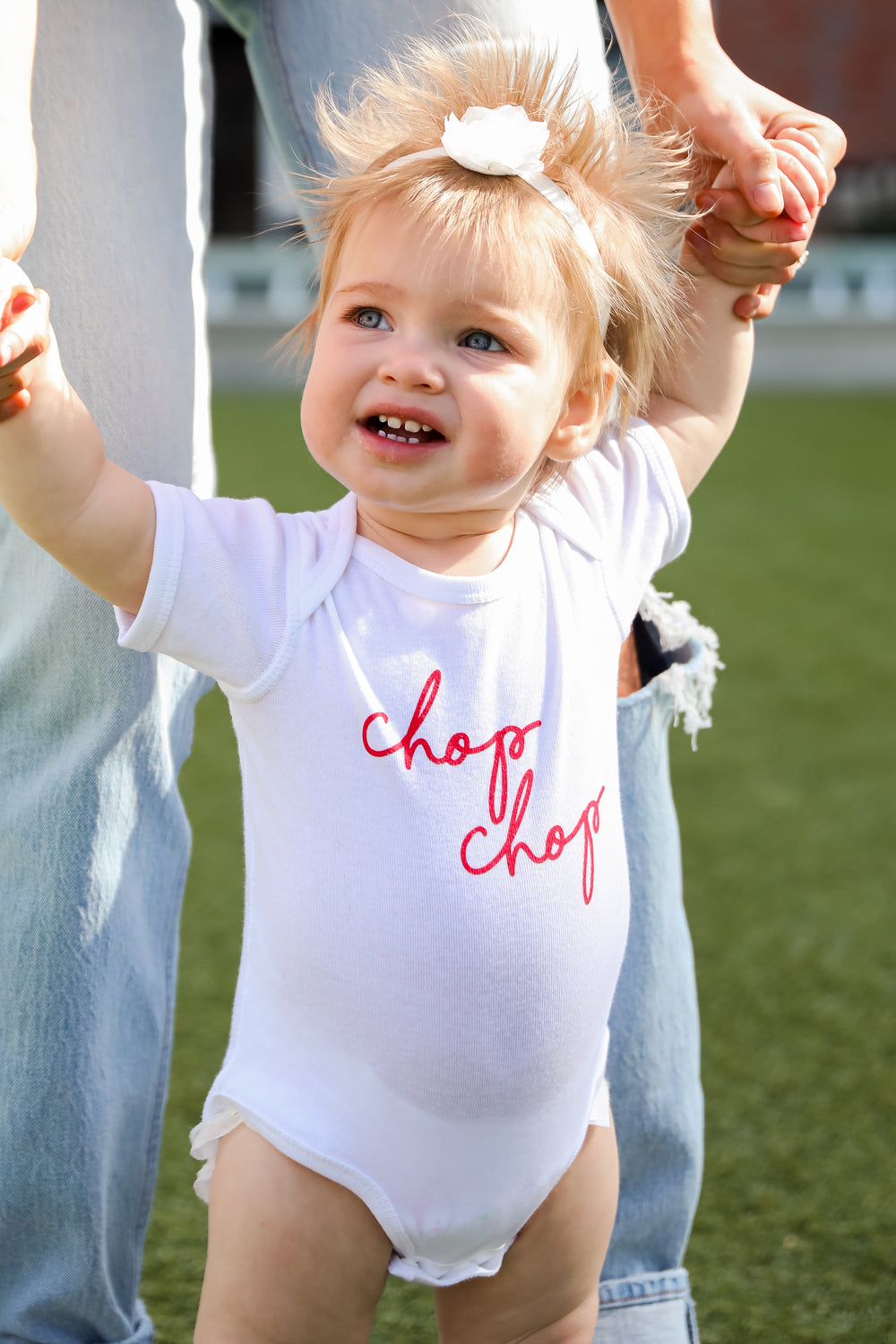 White Chop Chop Script Onesie