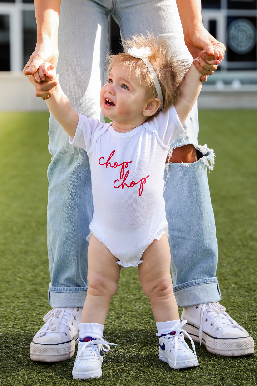 White Chop Chop Script Onesie