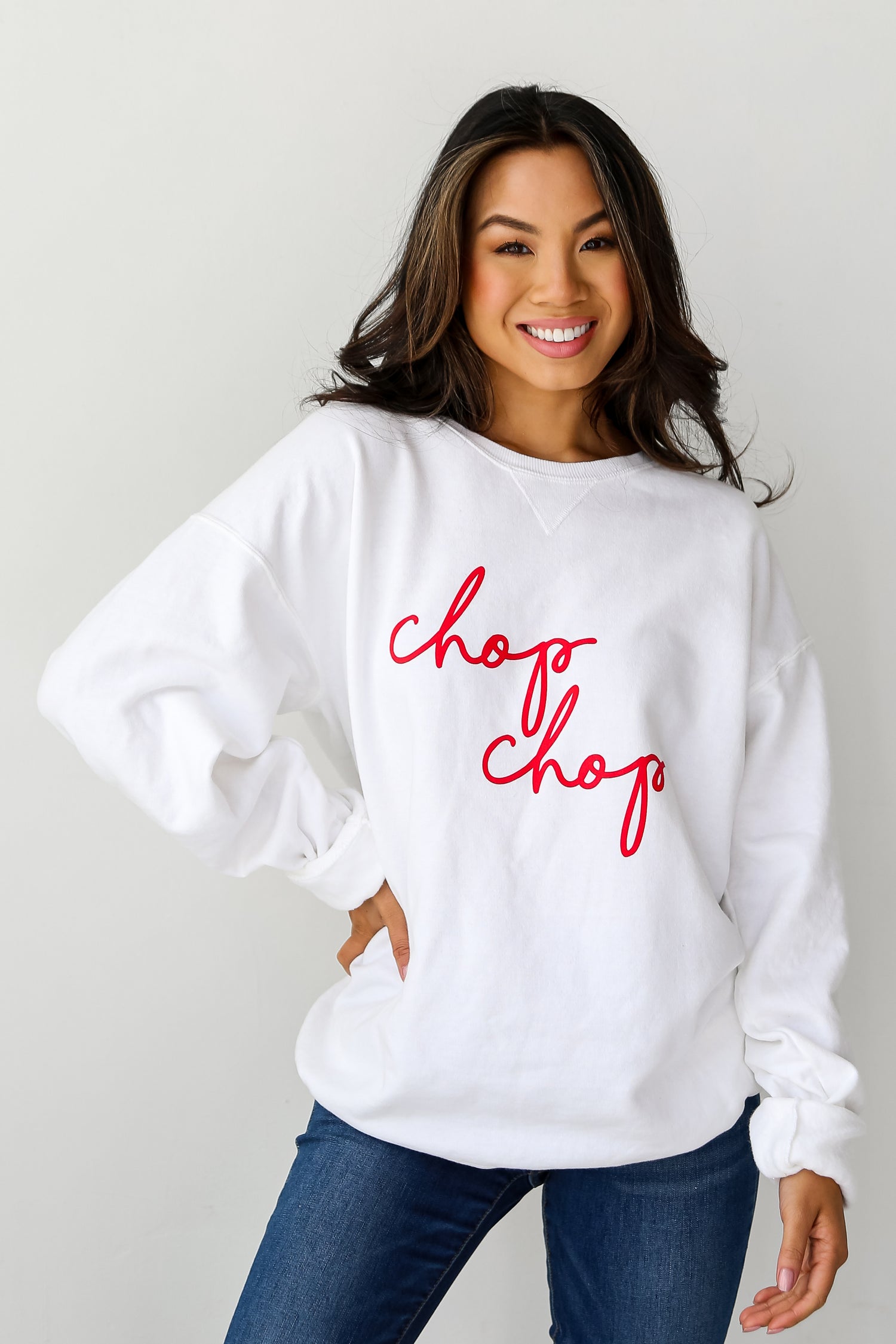 White Chop Chop Script Pullover on model