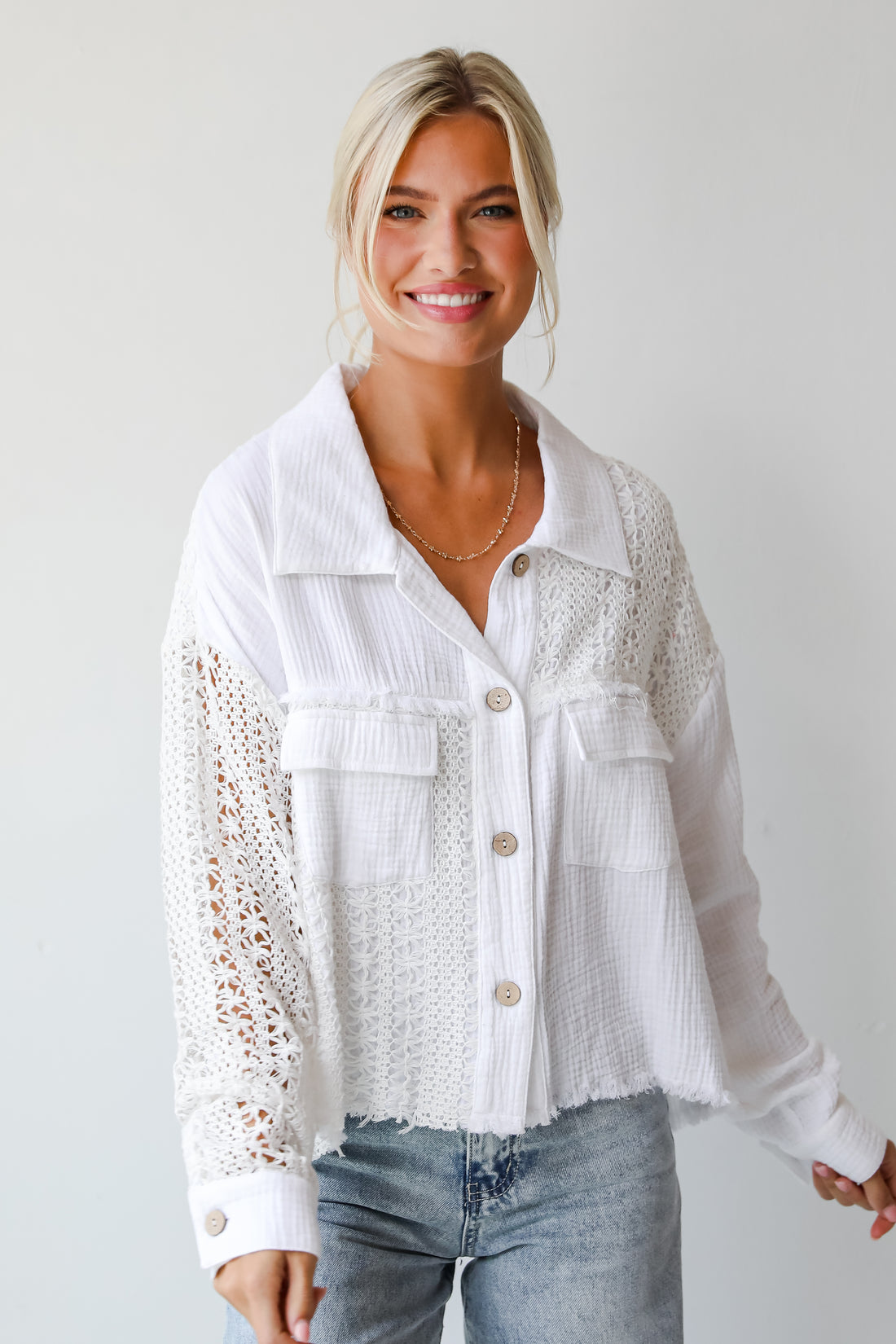 Dearly Adored White Linen Crochet Blouse