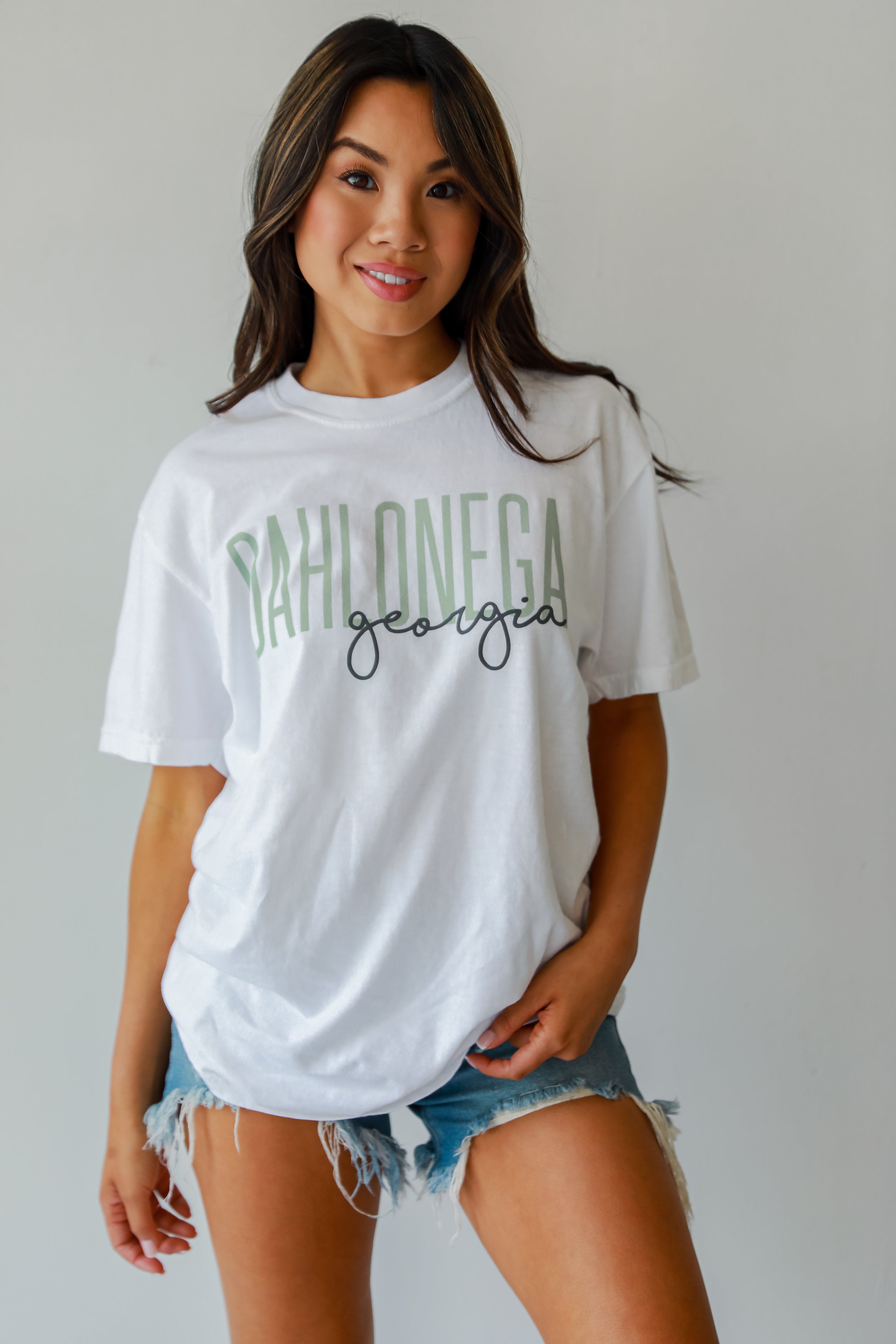 white Dahlonega Georgia Script Tee on model