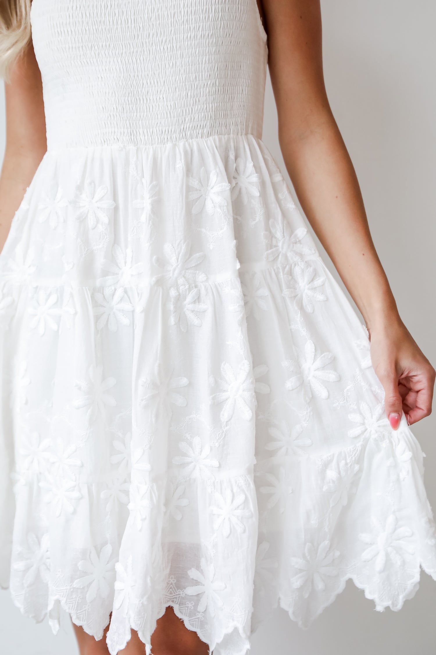 smocked White Floral Embroidered Mini Dress