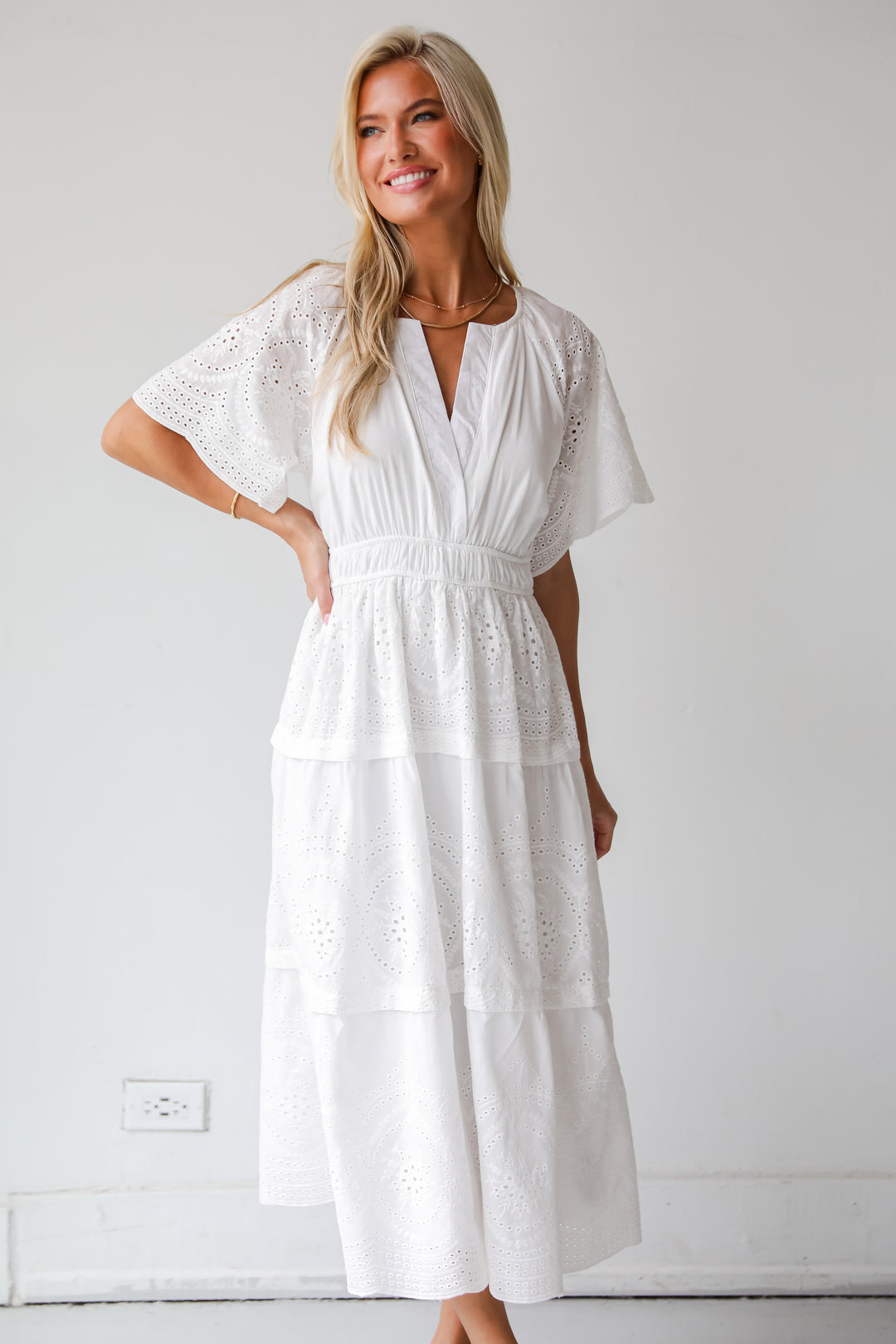 Perfect Sunshine White Eyelet Midi Dress