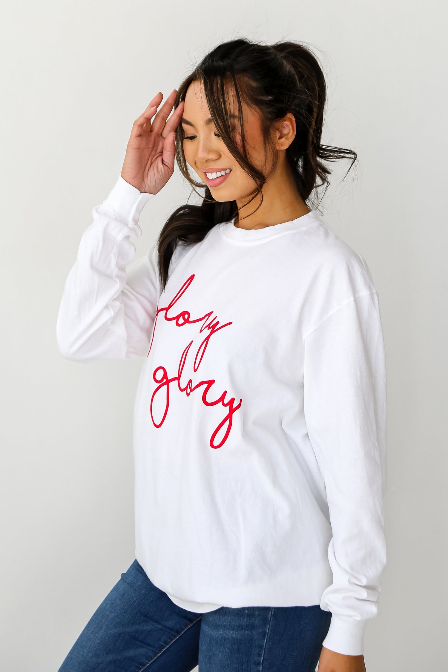 white Glory Glory Script Long Sleeve Tee side view