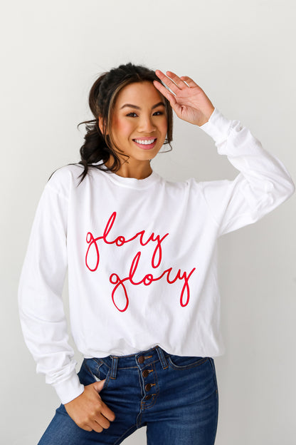 white Glory Glory Script Long Sleeve Tee on model