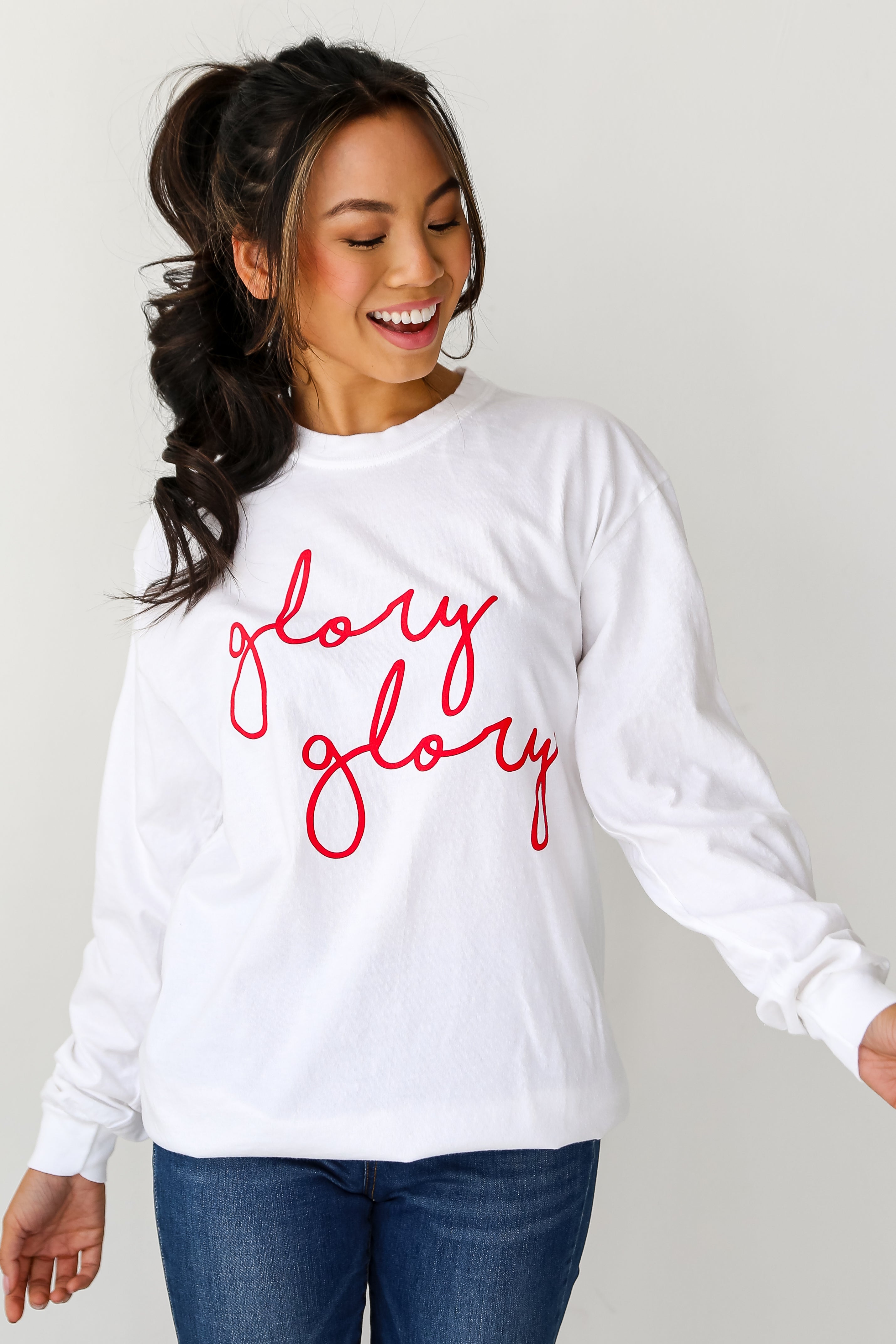 white Glory Glory Script Long Sleeve Tee