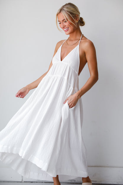 Memorable Entrance White Linen Halter Midi Dress