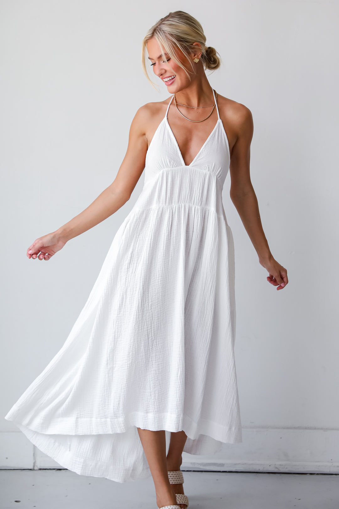 Memorable Entrance White Linen Halter Midi Dress