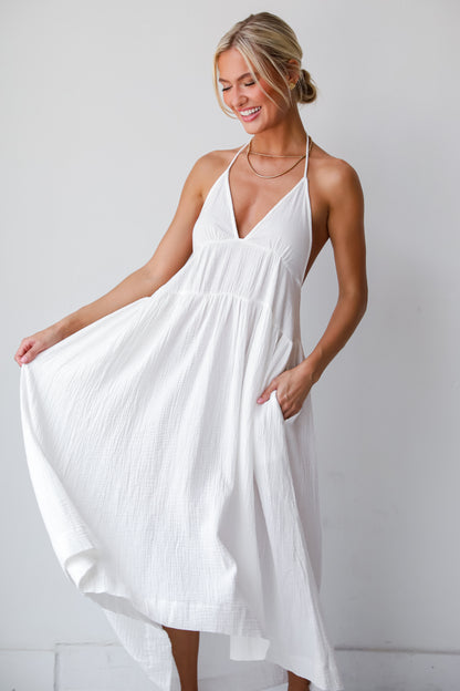 Memorable Entrance White Linen Halter Midi Dress