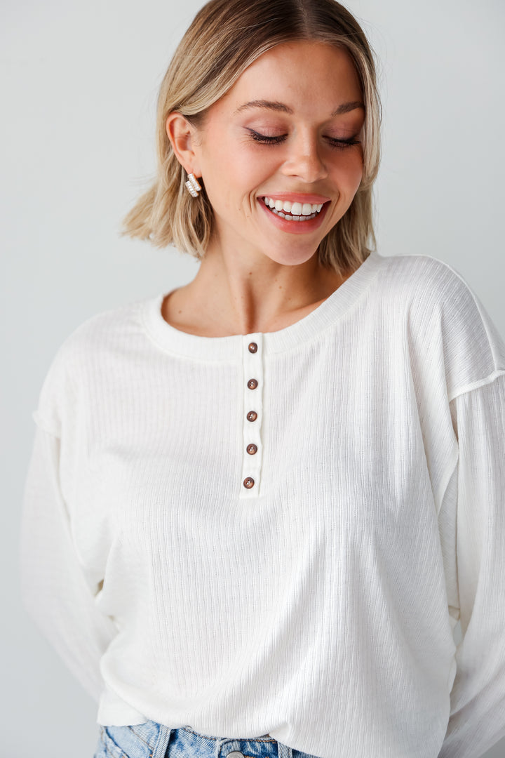 basic White Henley Knit Top